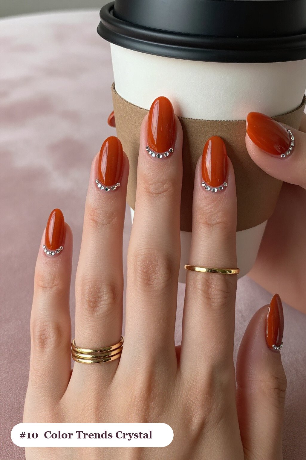 Medium Square Burnt Orange Nails with Sparkling Crystal Rhinestones Along the Cuticle - fall nail color trends