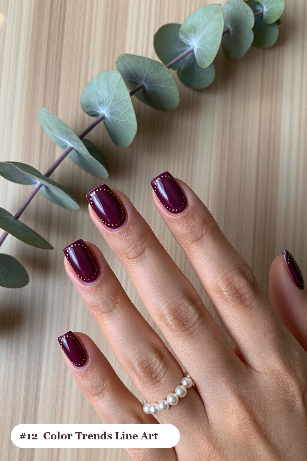 Short Square Deep Plum Nails with Fine Gold Line Art: On Short Nails - fall nail color trends
