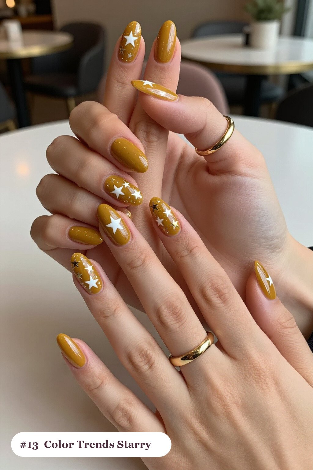 Long Almond Mustard Nails with White and Gold Stars and Sparkles - fall nail color trends