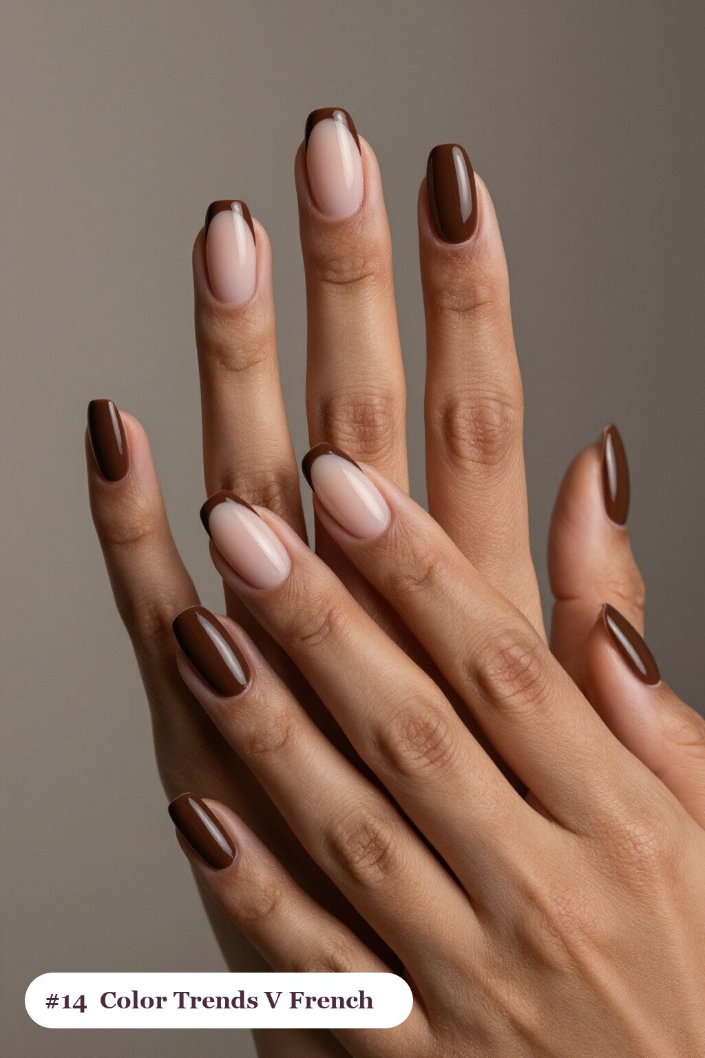 Medium Coffin Chocolate Brown Nails with Deep V‑Shaped French Tips in Bold Contrast - fall nail color trends