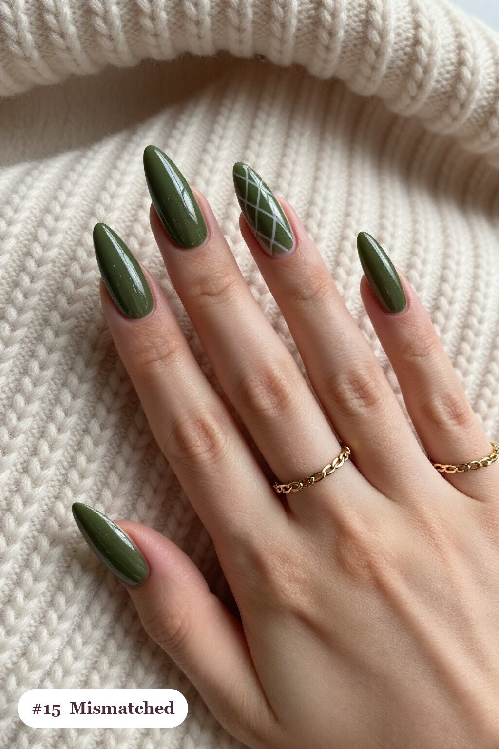 Long Stiletto Olive Green Nails as a Mismatched Pattern Set - fall nail color trends
