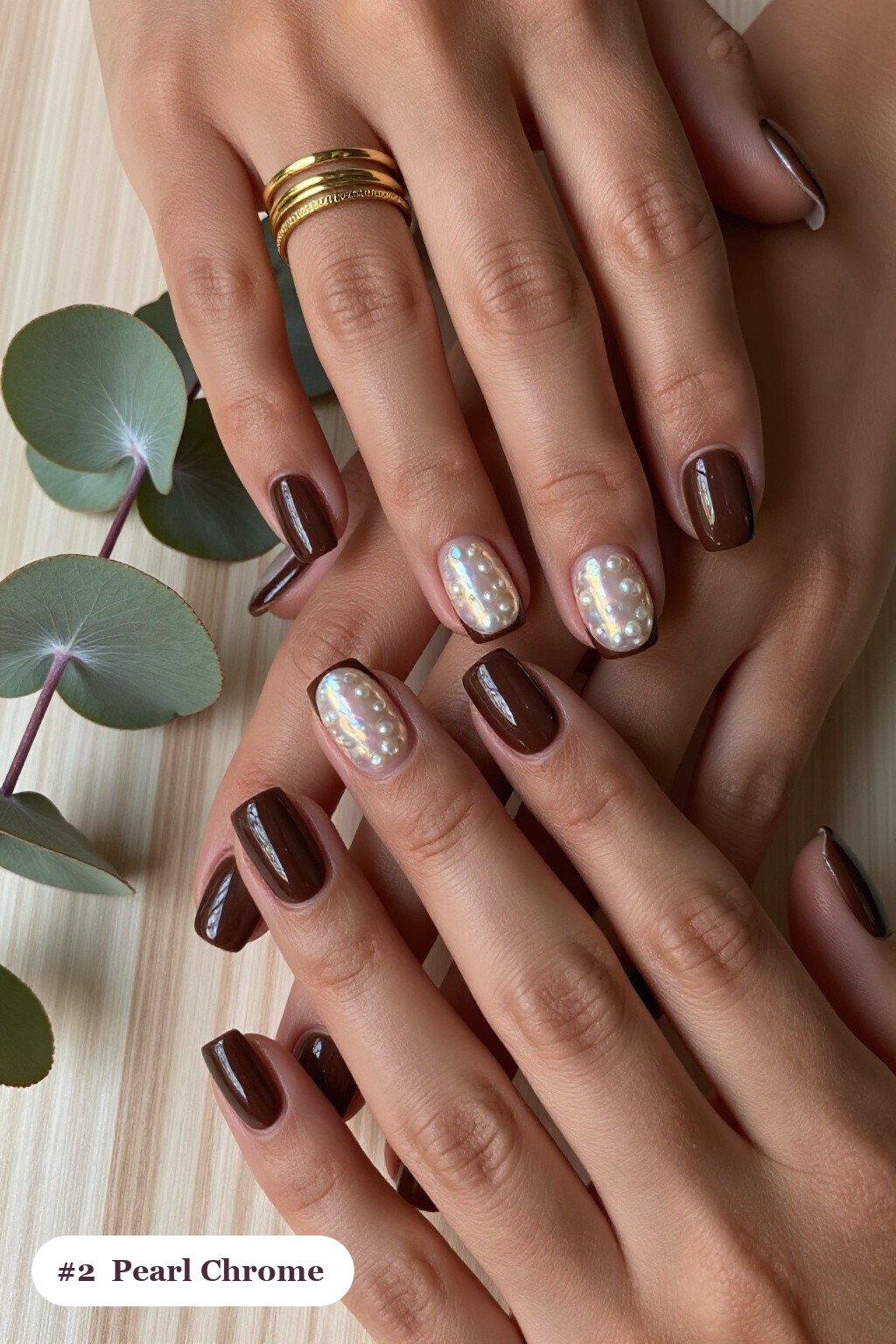 Short Square Chocolate Brown Nails with Glazed Pearl Chrome Sheen - fall nail color trends