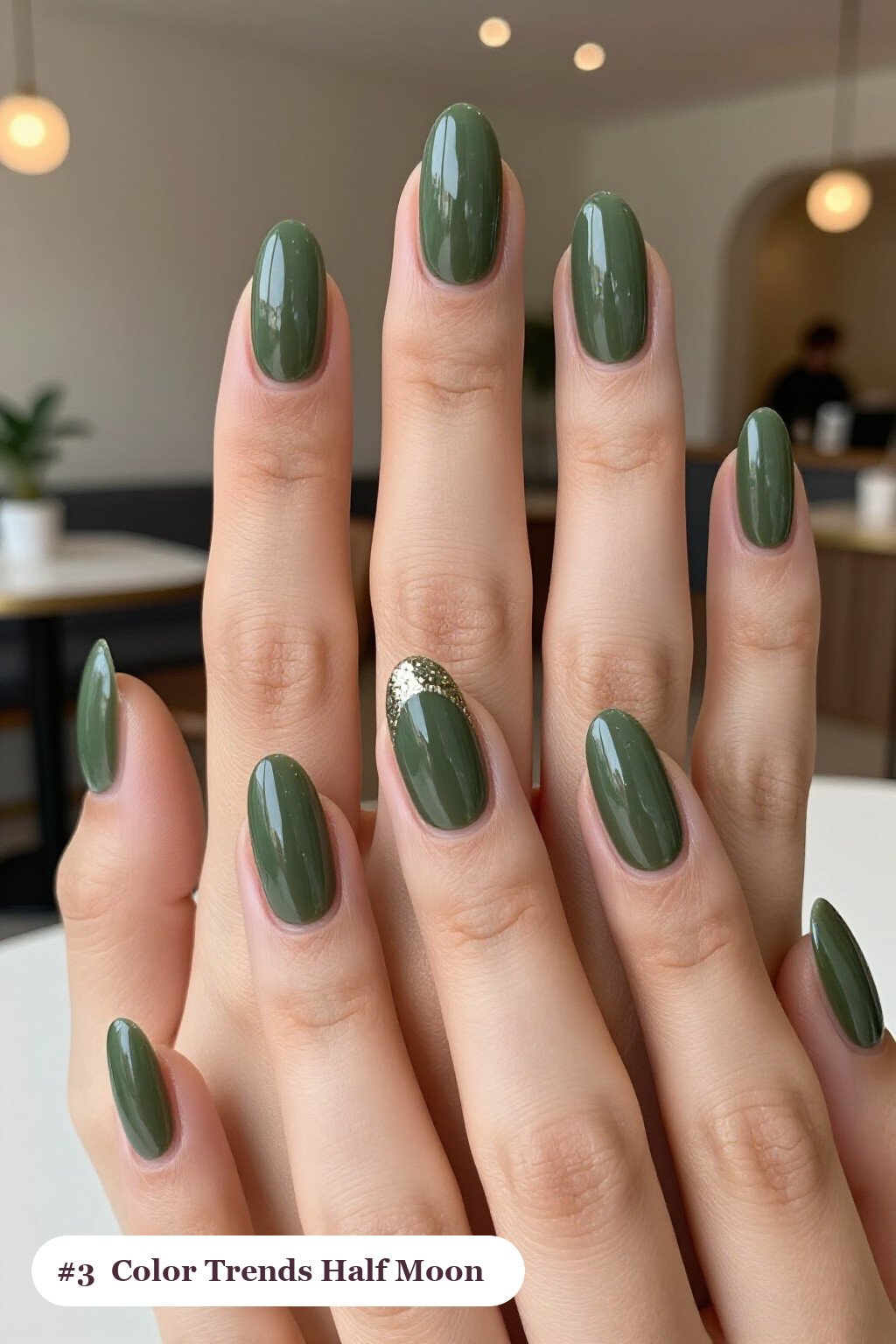 Long Almond Olive Green Half‑Moon Nails with Glitter Crescent: Fall Nail Color Trends Inspiration - fall nail color trends