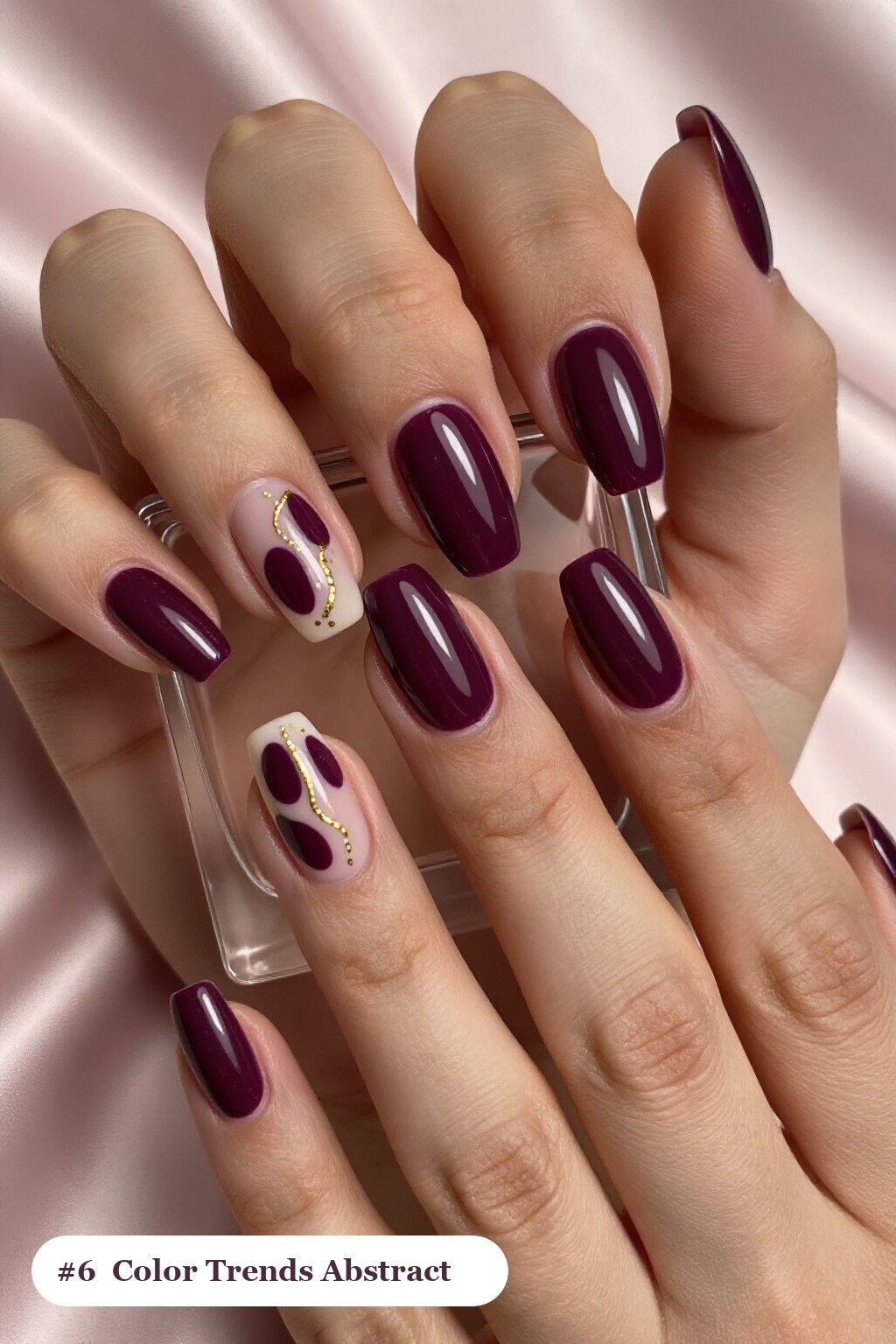 Long Square Deep Plum Nails with Abstract Color Blobs and Gold Details: Fall Nail Color Trends - fall nail color trends