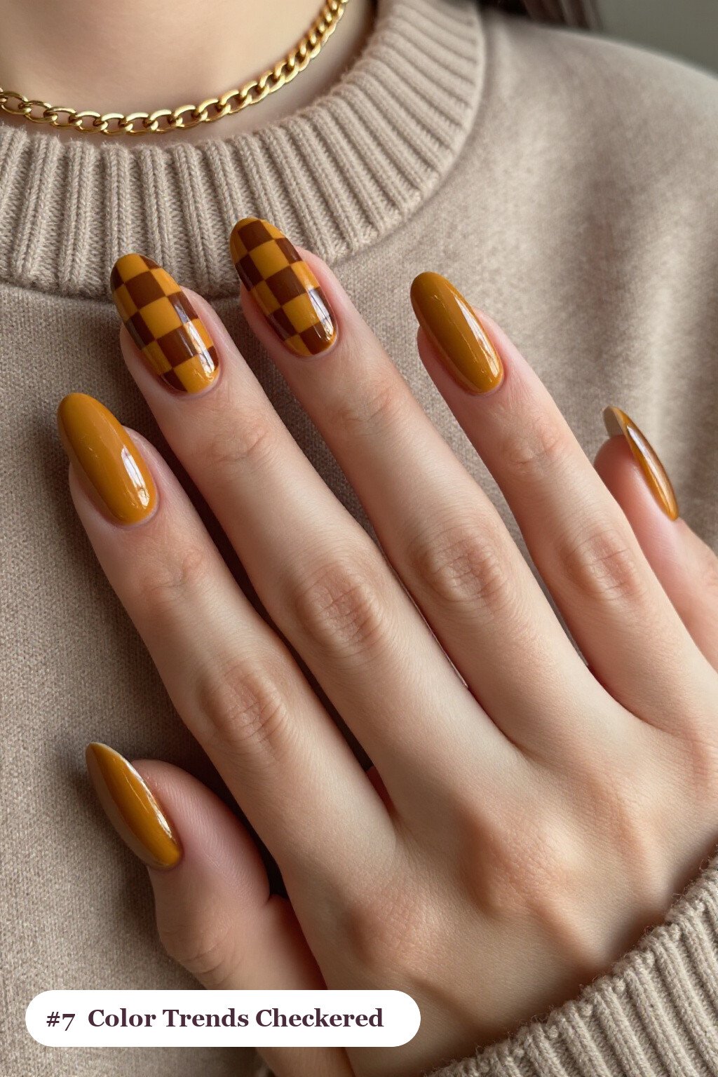 Long Coffin Mustard Nails with Bold Checkerboard Accent Pattern - fall nail color trends
