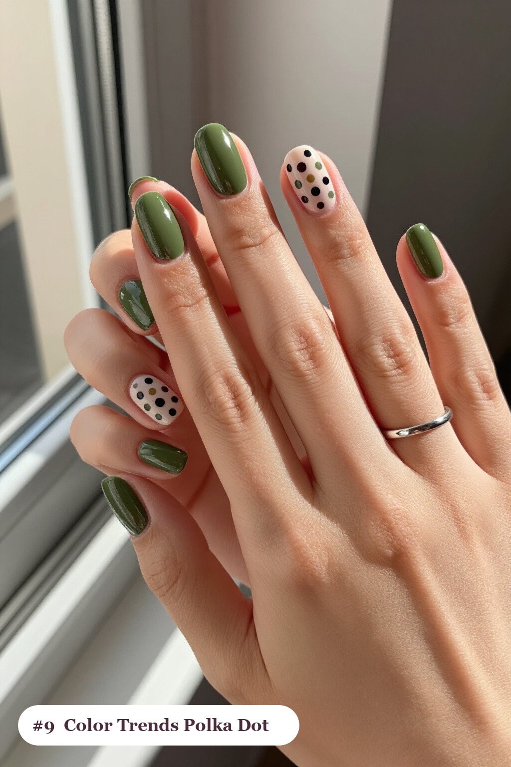 Medium Oval Olive Green Nails with Playful Polka Dots: How to Make It Last Longer - fall nail color trends