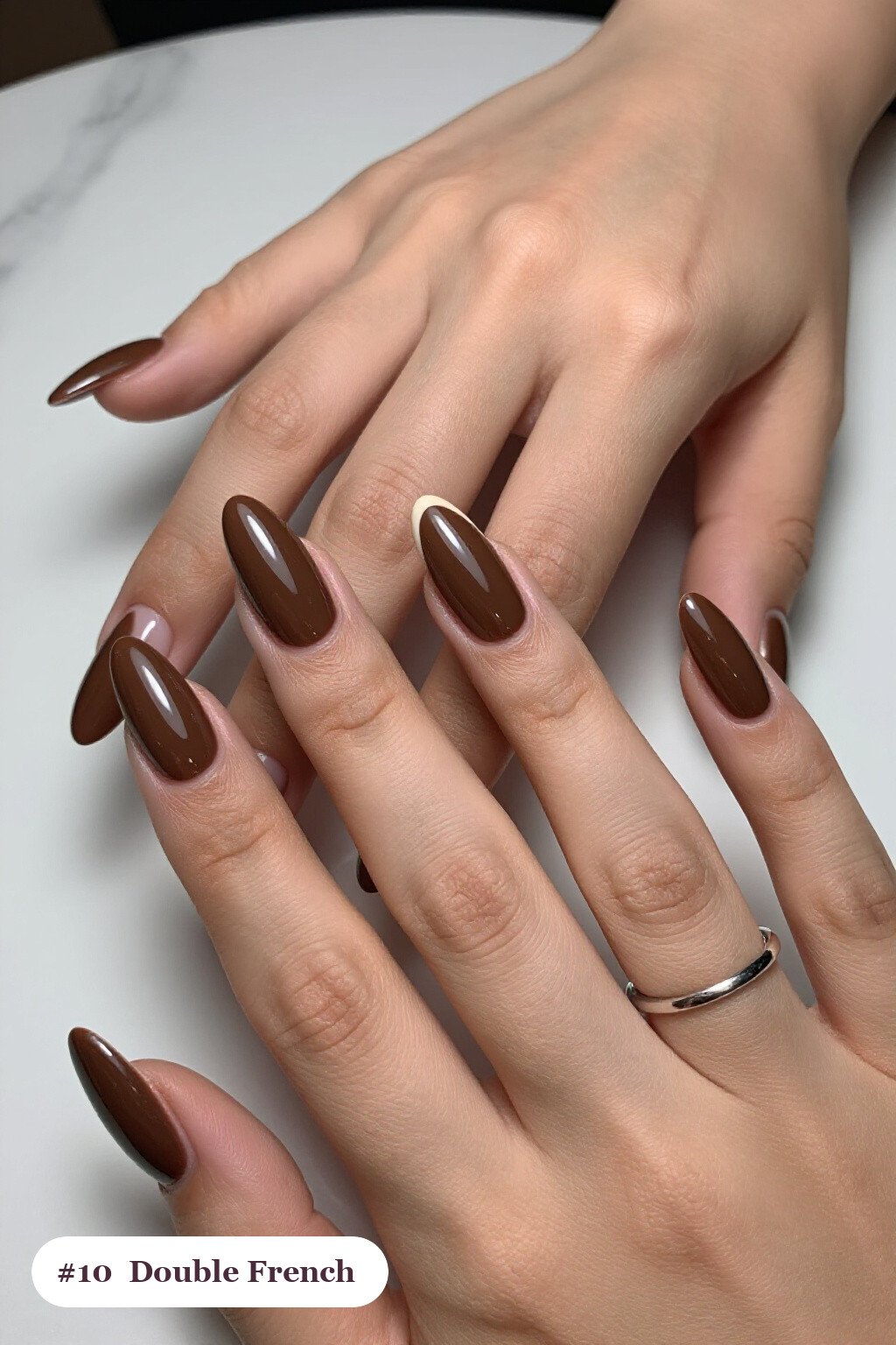 Long almond chocolate brown colors nails with double-line french tips in two colours, perfect for fall - fall nail colors