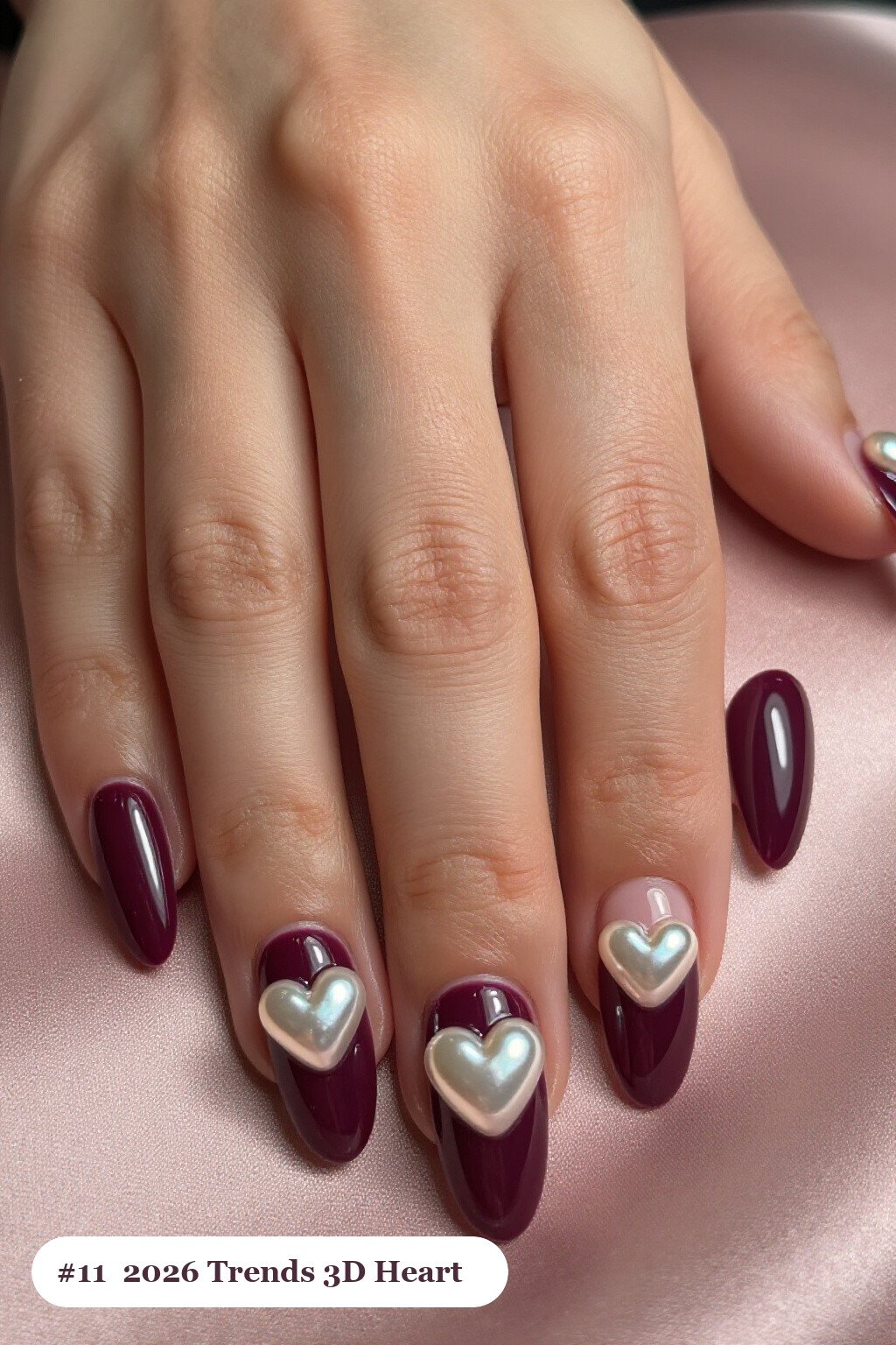 Deep Plum Short Square Nails Decorated with Chunky 3D Gel Hearts and Pearls - fall nails 2026 trends
