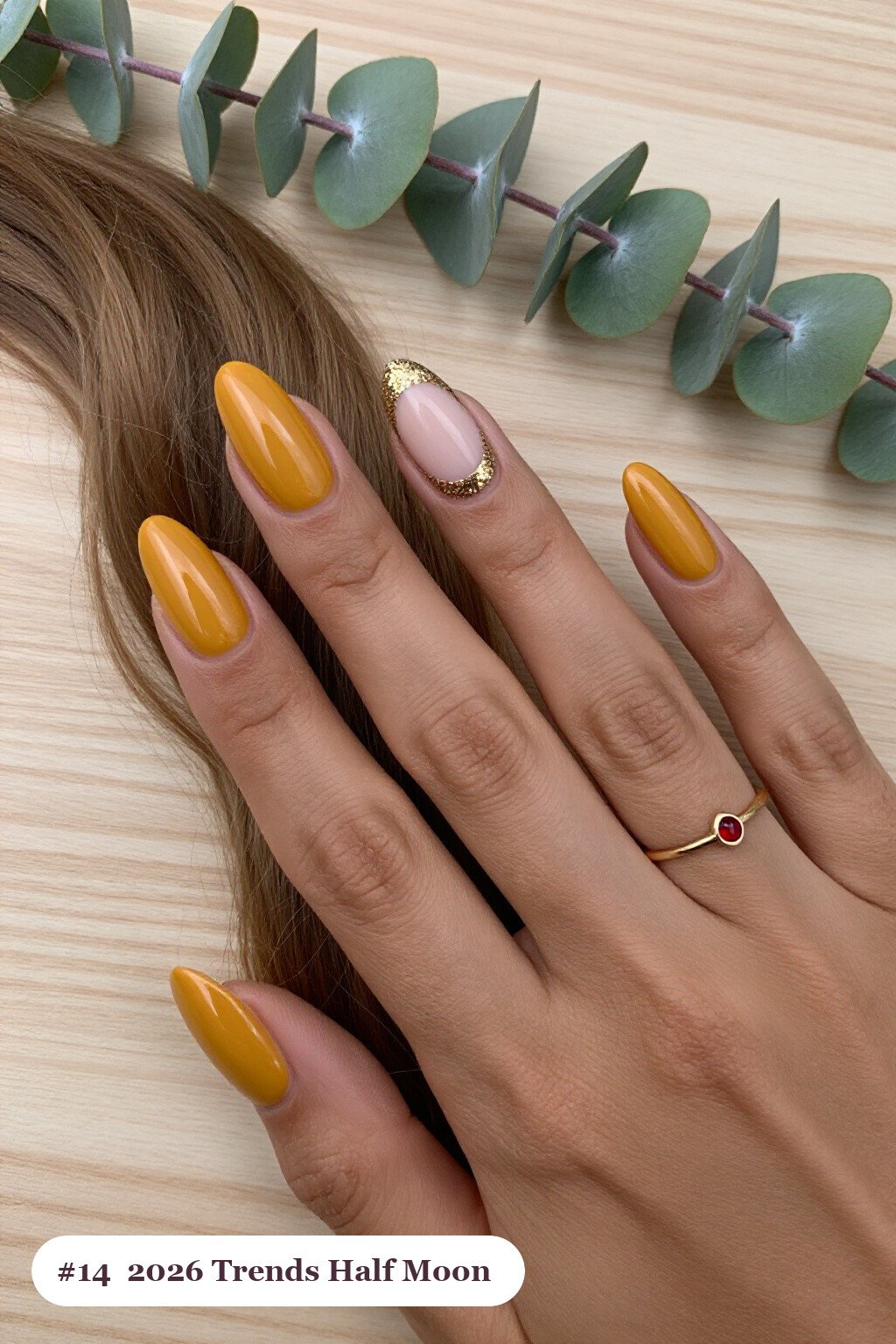 Mustard Almond Nails Featuring Half‑Moon Design with Glitter Crescent at Cuticle - fall nails 2026 trends