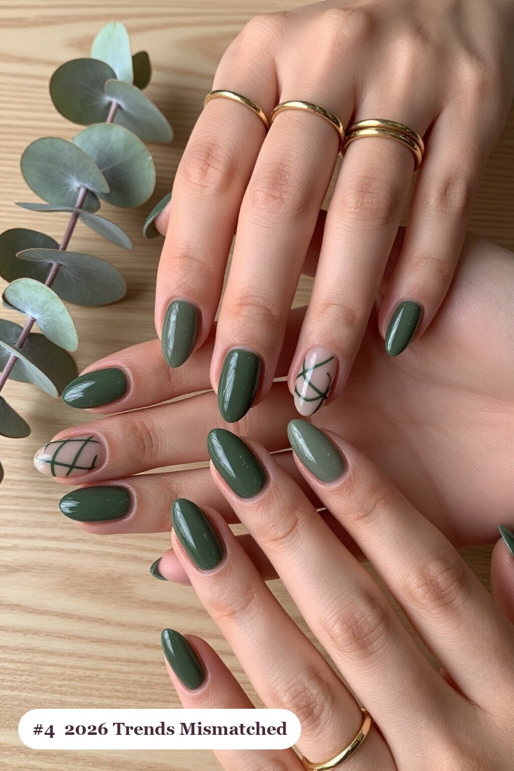 Olive Green Almond Nails in Mismatched Patterns Within One Color Story - fall nails 2026 trends