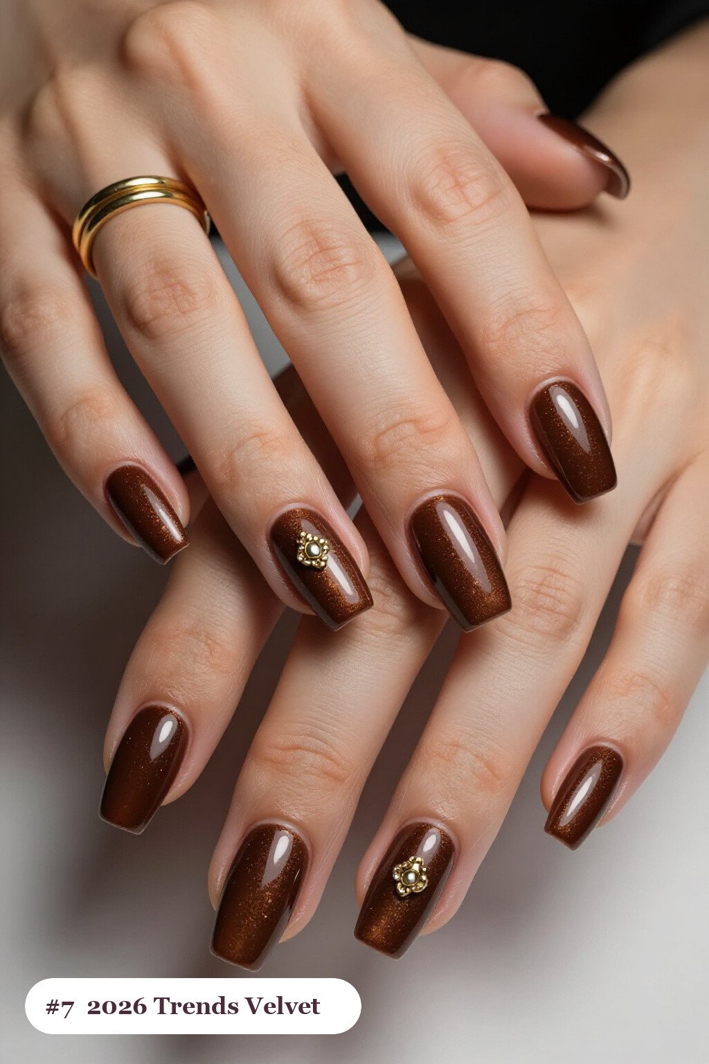 Chocolate Brown Square Nails in Velvet Shimmer, One Glossy Accent with Gold Charm - fall nails 2026 trends