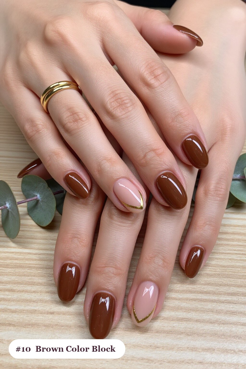 Diagonal Colour‑Block Coffin Nails with Gold Line for Autumn Elegance - fall nails brown