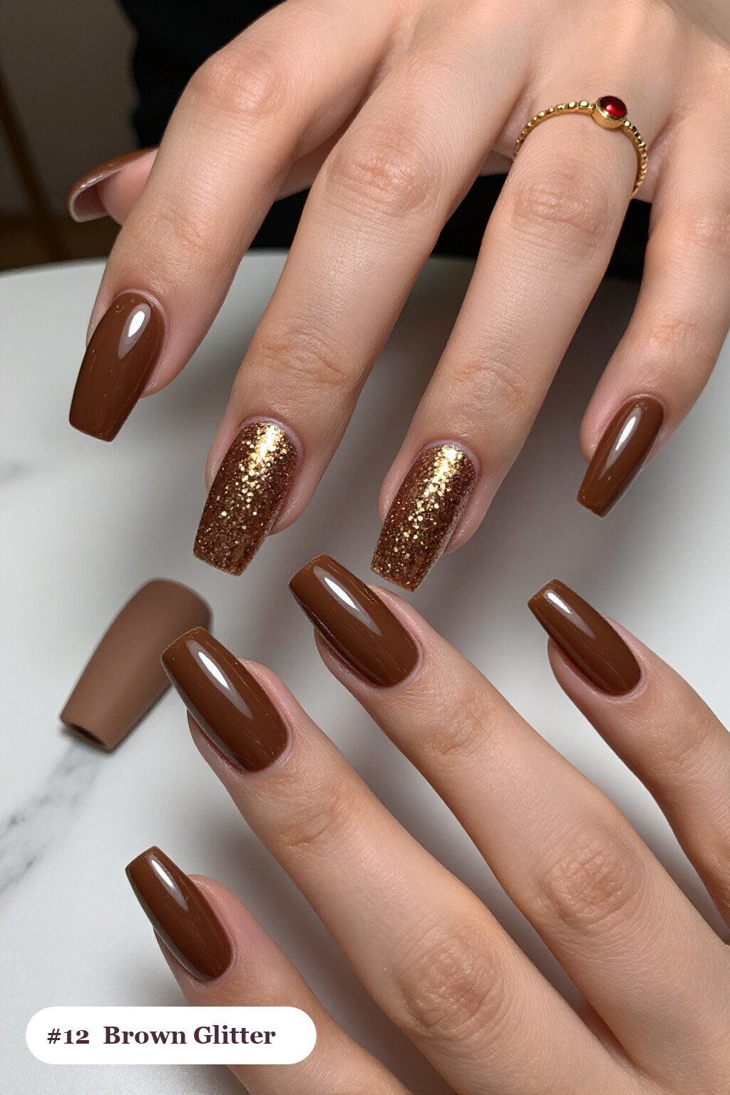 Glitter Gradient Cuticle Rise on Long Square Brown Nails - fall nails brown