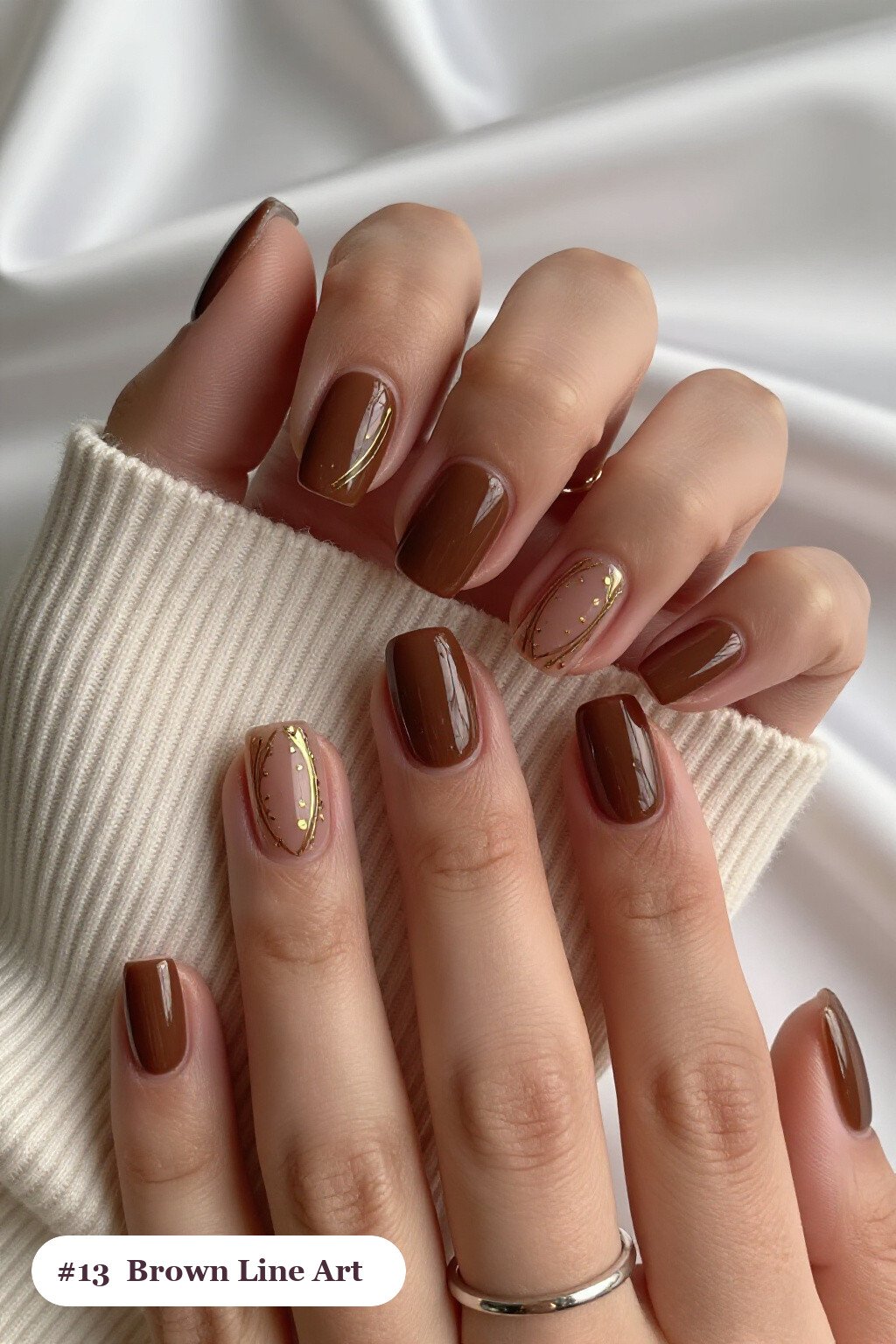Fine Gold Line Art on Medium Square Nails: Fall Nails Brown Chic - fall nails brown