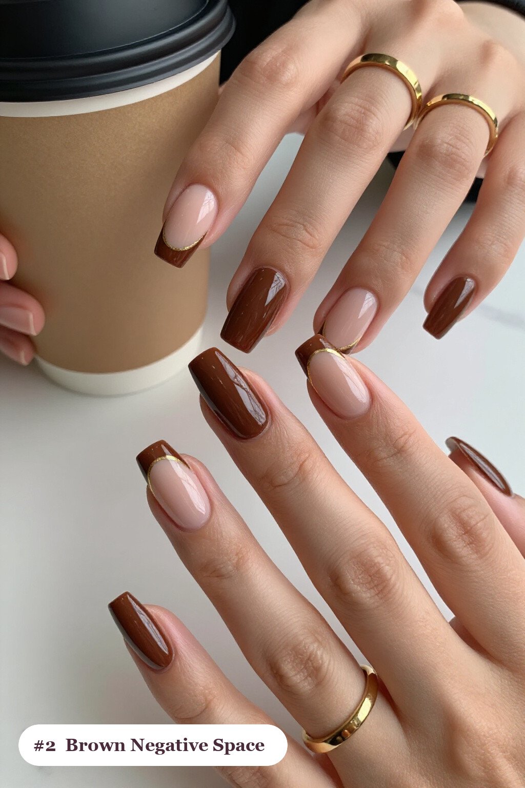 Negative‑Space Gold‑Accented Square Nails for Cozy Autumn Evenings - fall nails brown