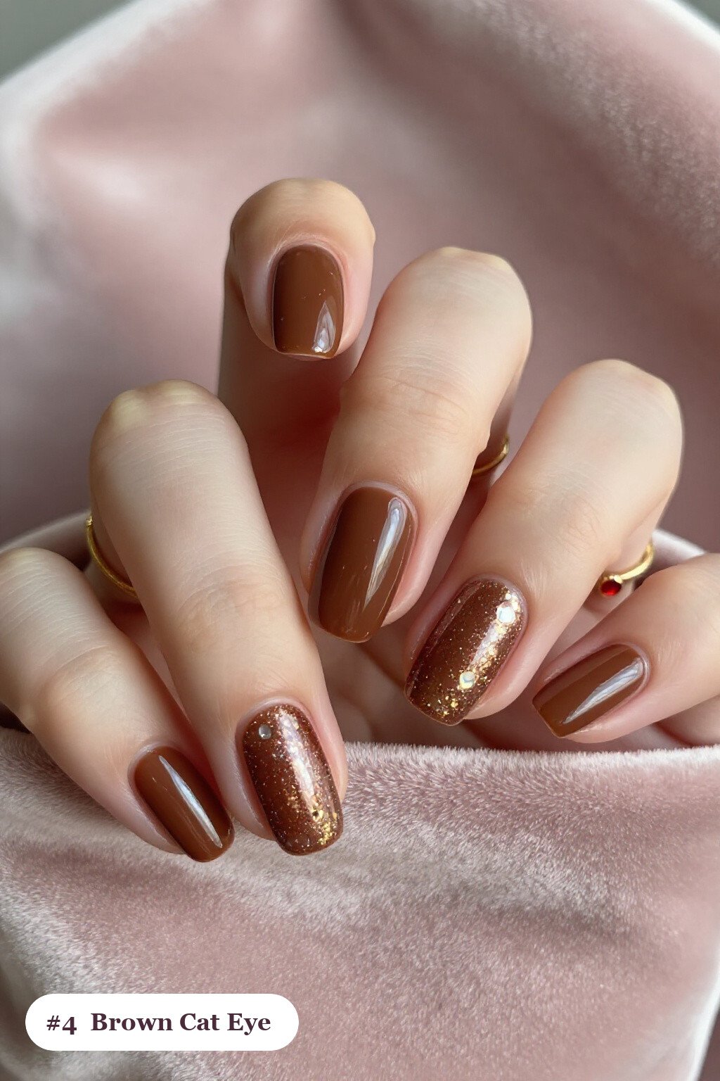 Gemstone‑Glow Shimmer Band on Oval Brown Nails for Autumn Glam - fall nails brown