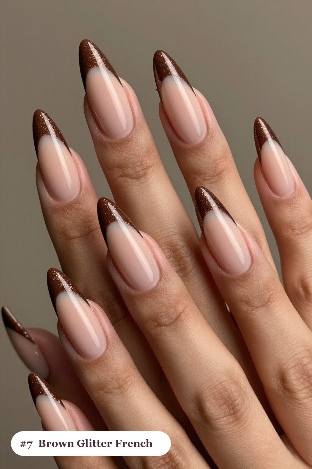 Glitter‑Packed French Tip Stilettos in Brown for Autumn Sparkle - fall nails brown