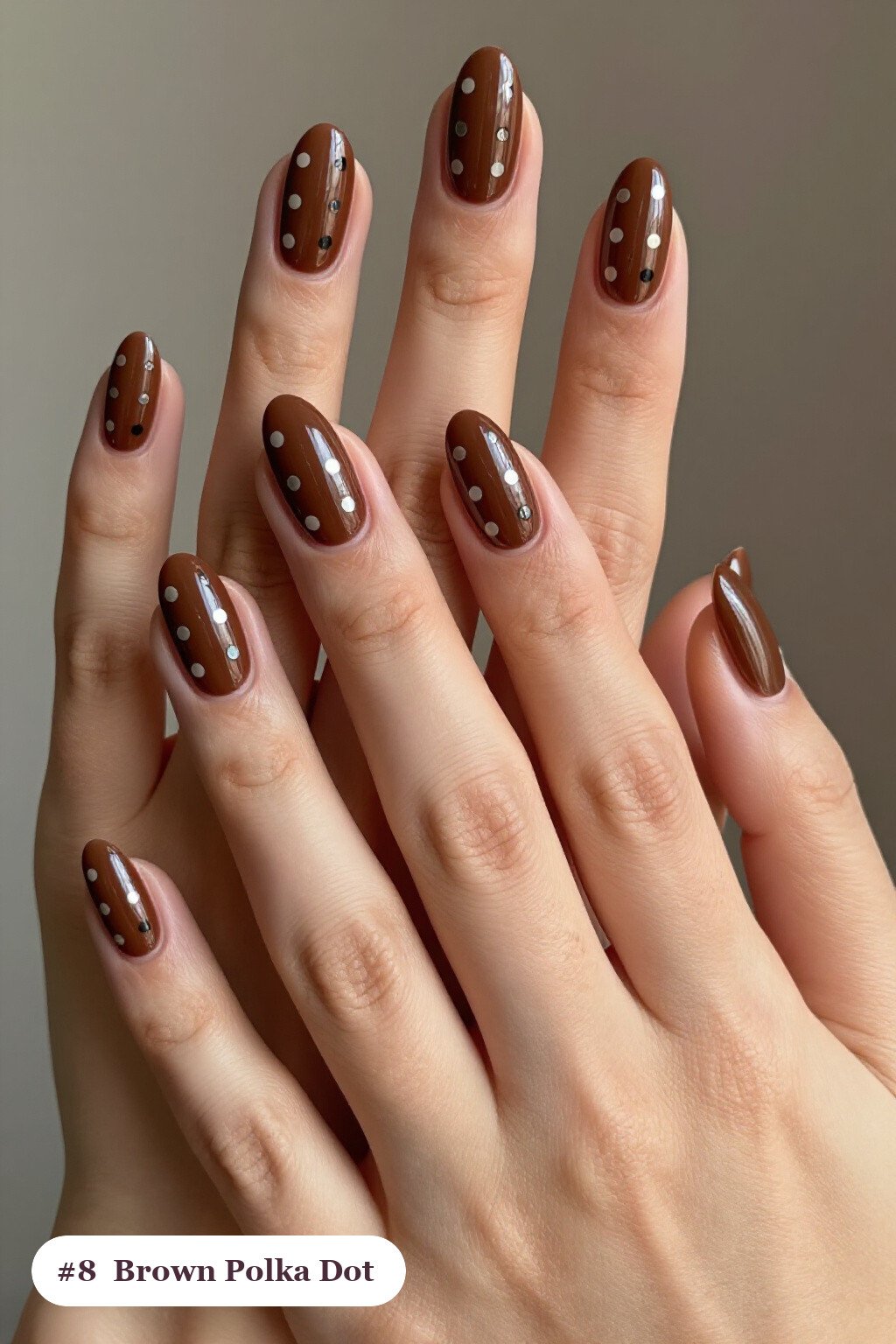 Playful Two‑Tone Polka Dot Almond Brown Nails for Cozy Days - fall nails brown