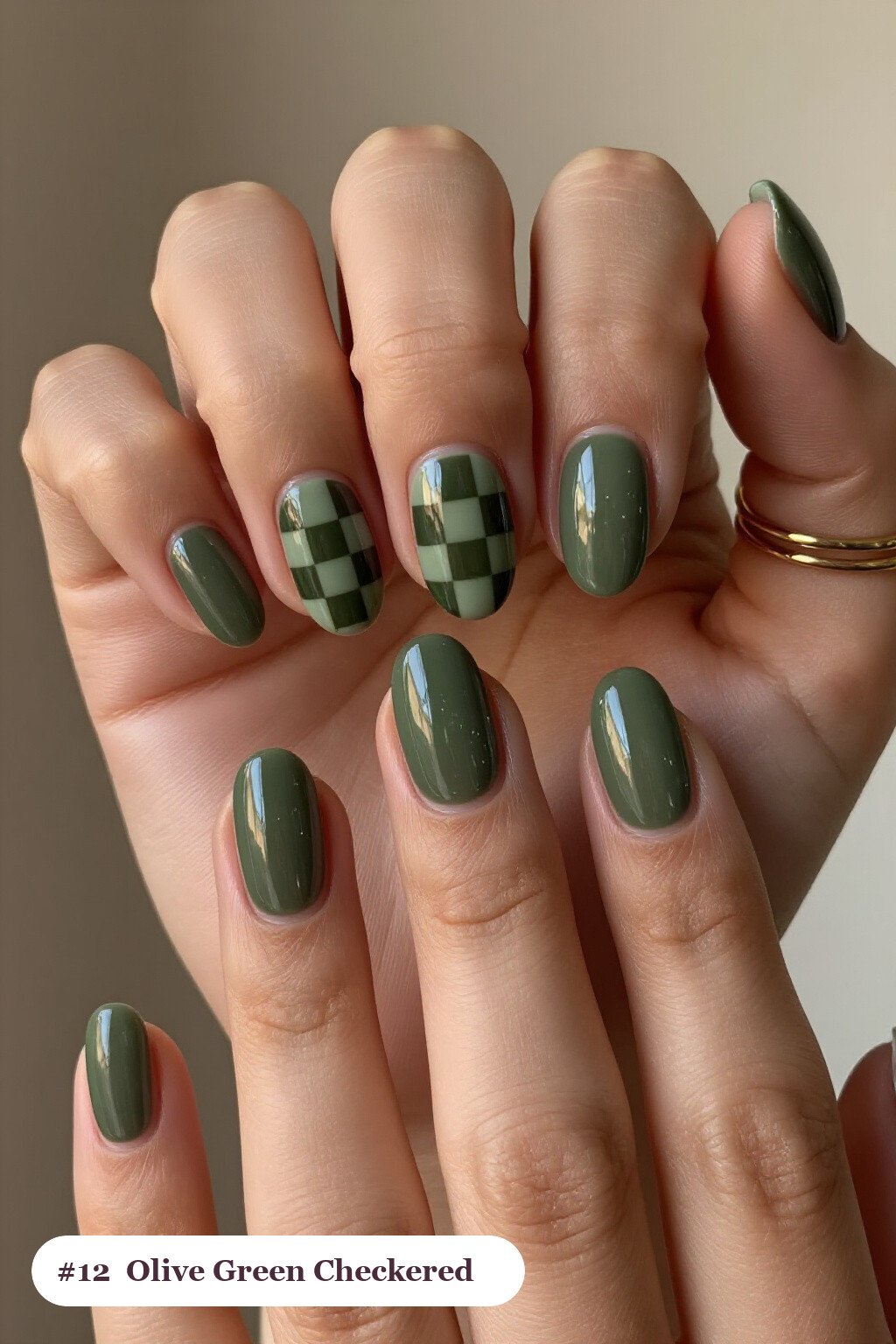 Olive Green Checkerboard Accent Coffin Nails with Solid Base - fall nails coffin