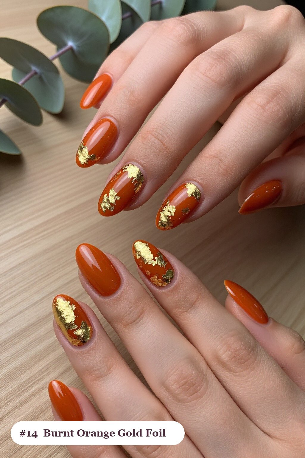Burnt Orange Gold‑Foil Coffin Nails with Scattered Leaf Details - fall nails coffin