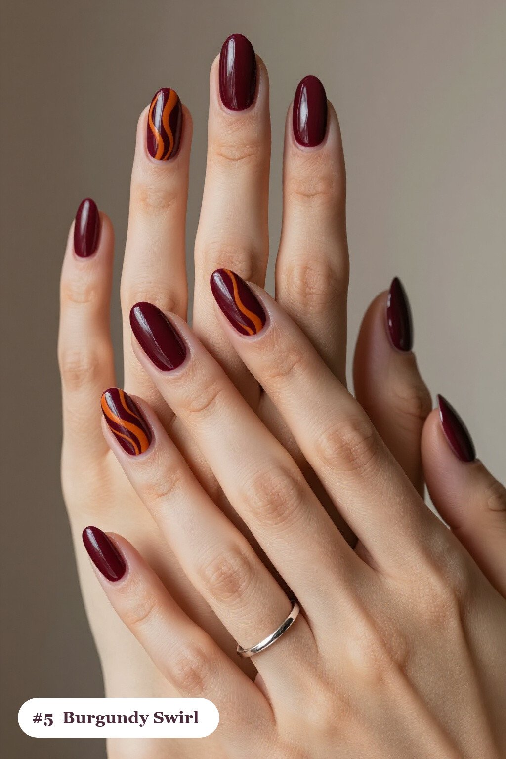 Burgundy Swirl Coffin Nails: Hand‑Painted Flowing Lines in Contrasting Hue - fall nails coffin