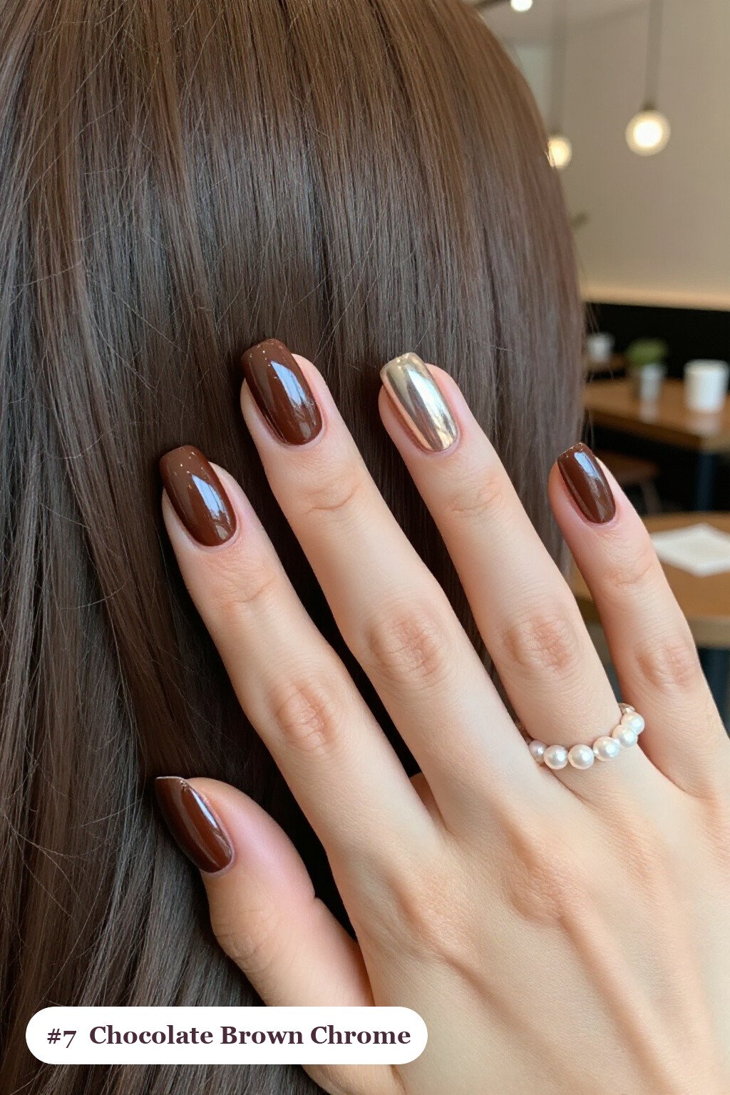 Liquid Chrome Chocolate Brown Coffin Nails with Bright Metallic Highlights - fall nails coffin