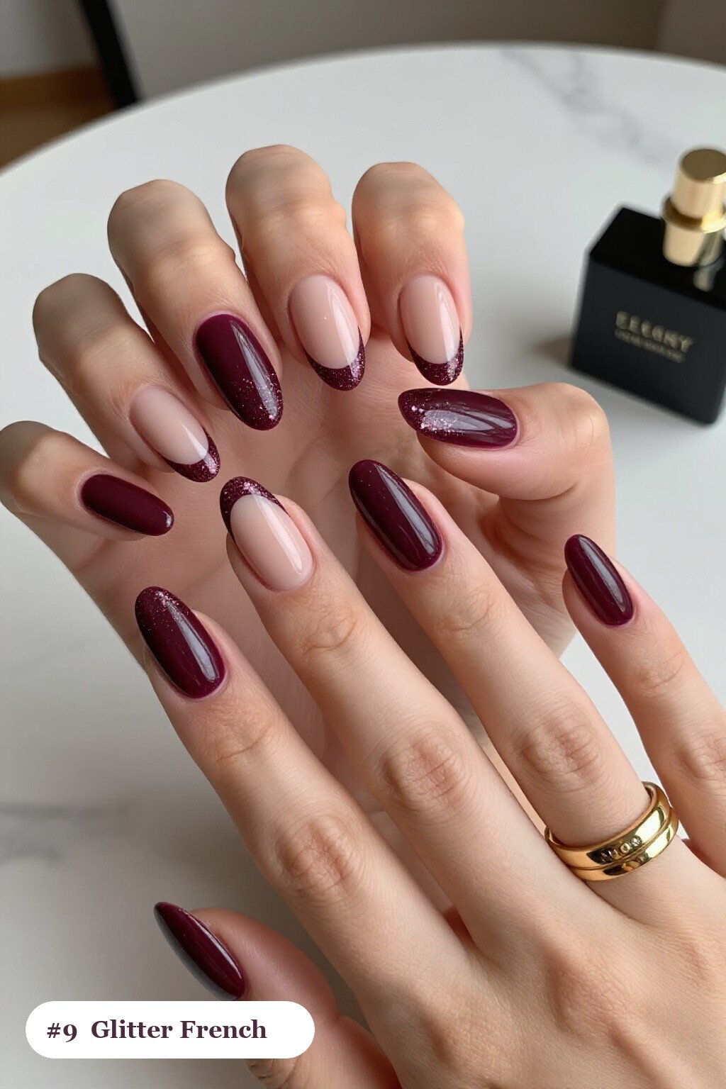 Deep Plum Glitter French‑Tip Coffin Nails on Sheer Nude Base - fall nails coffin