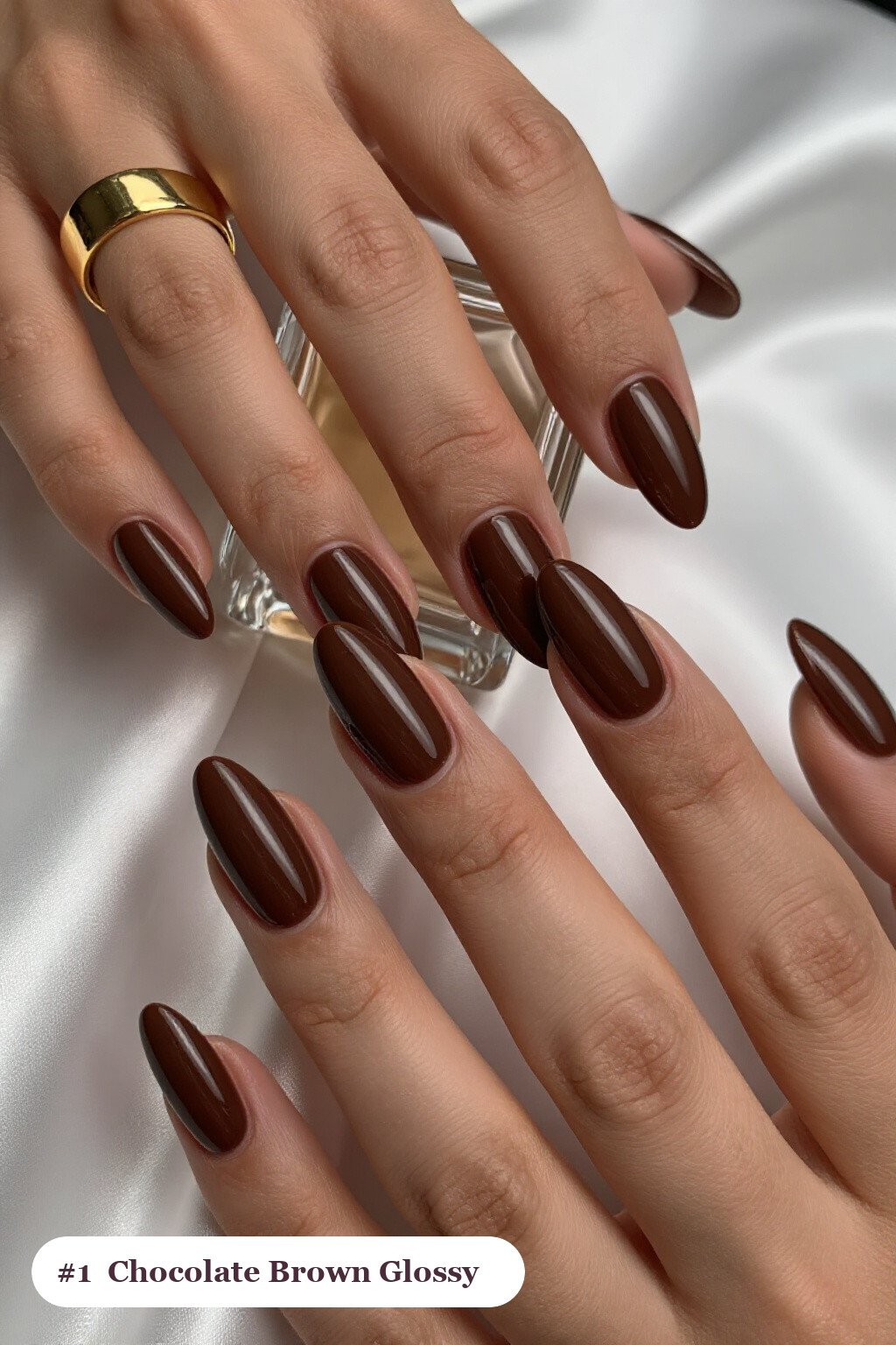 Long almond chocolate brown nails in a flawless mirror-glossy full-colour finish, perfect for fall - fall nails cute
