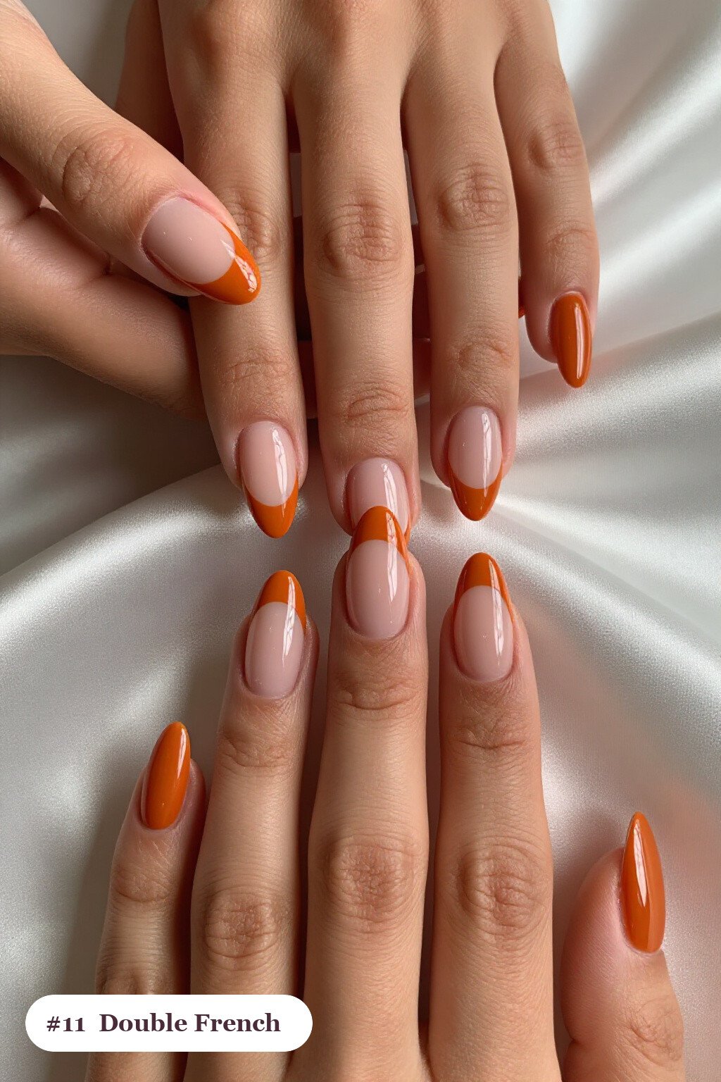Long almond burnt orange nails with double-line french tips in two colours, perfect for fall - fall nails cute