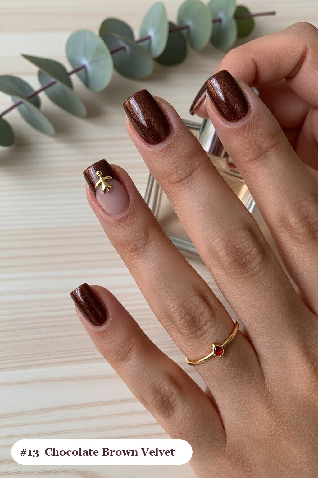 Short square chocolate brown nails in a velvet shimmer finish with one glossy accent nail with a gold charm, perfect for fall - fall nails cute