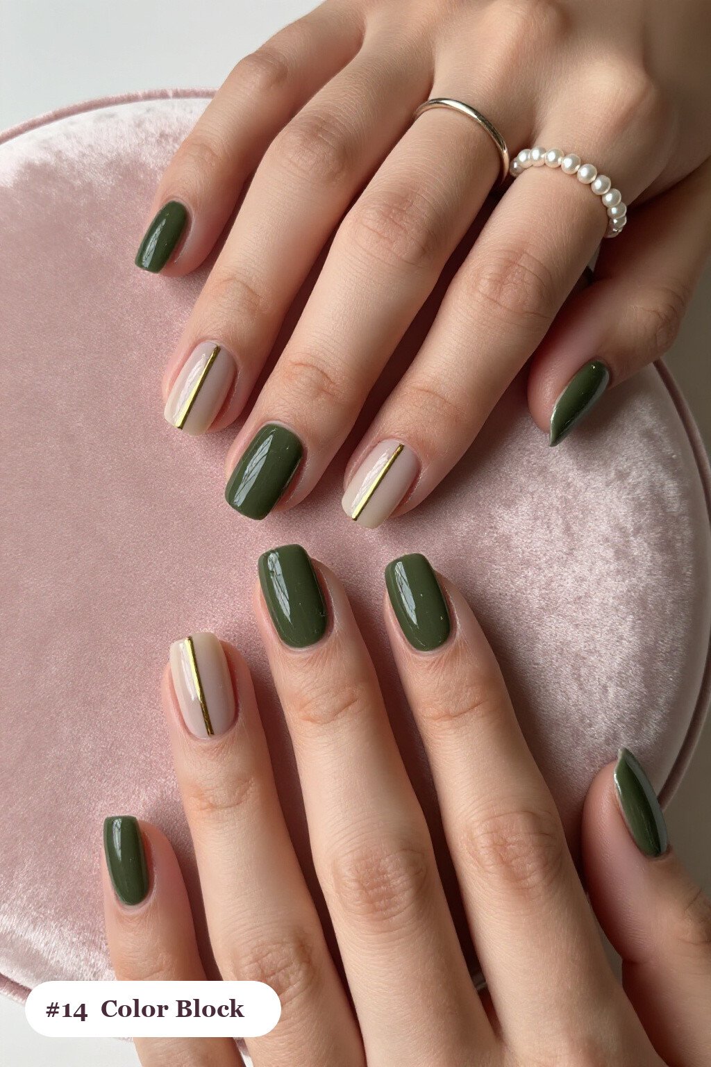 Medium coffin olive green nails in a colour-block design split diagonally with a thin gold line, perfect for fall - fall nails cute