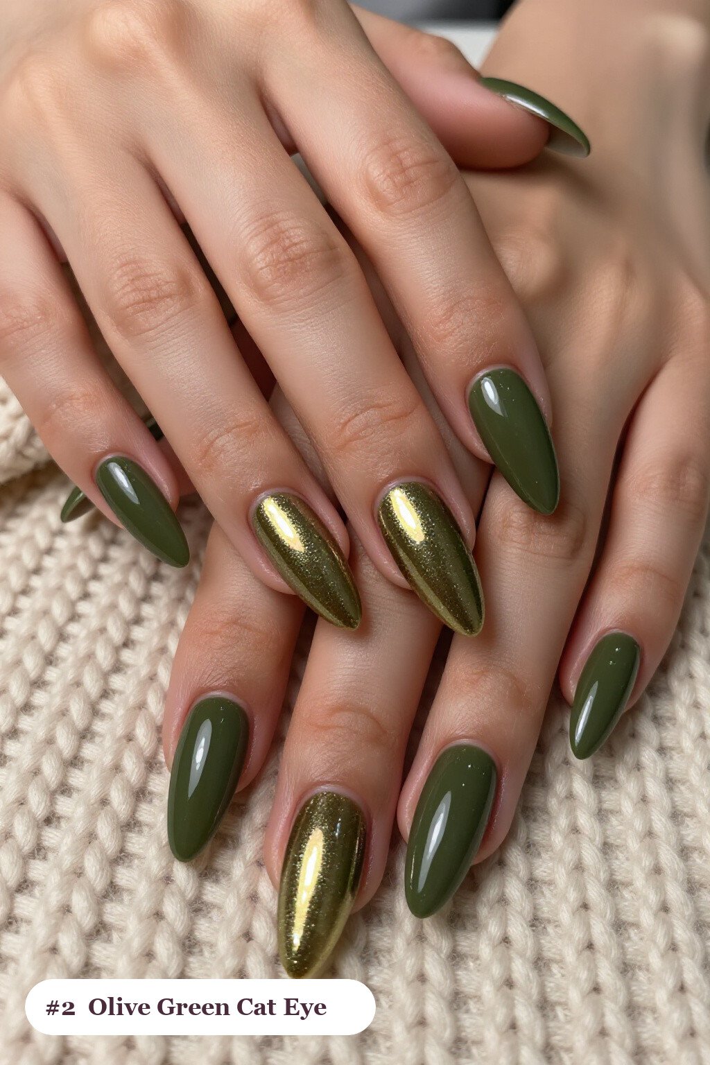 Long stiletto olive green nails with a glowing shimmer band of light running down the centre of each nail like a gemstone, perfect for fall - fall nails cute