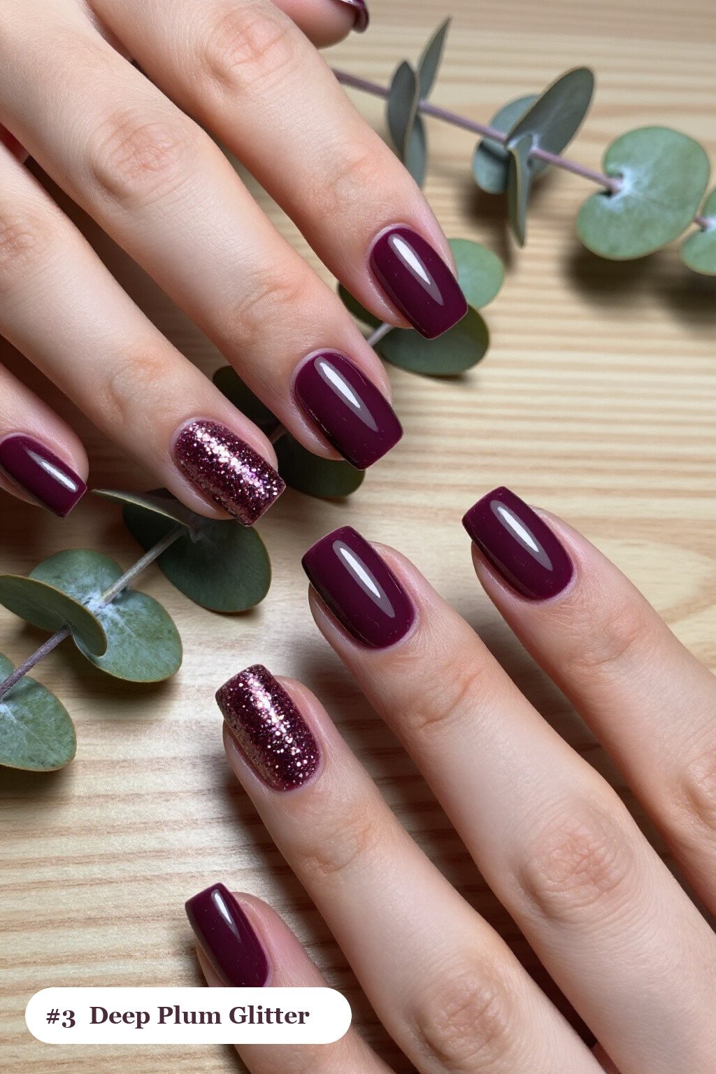 Short square deep plum nails with a sparkling glitter gradient rising from the cuticle, perfect for fall - fall nails cute