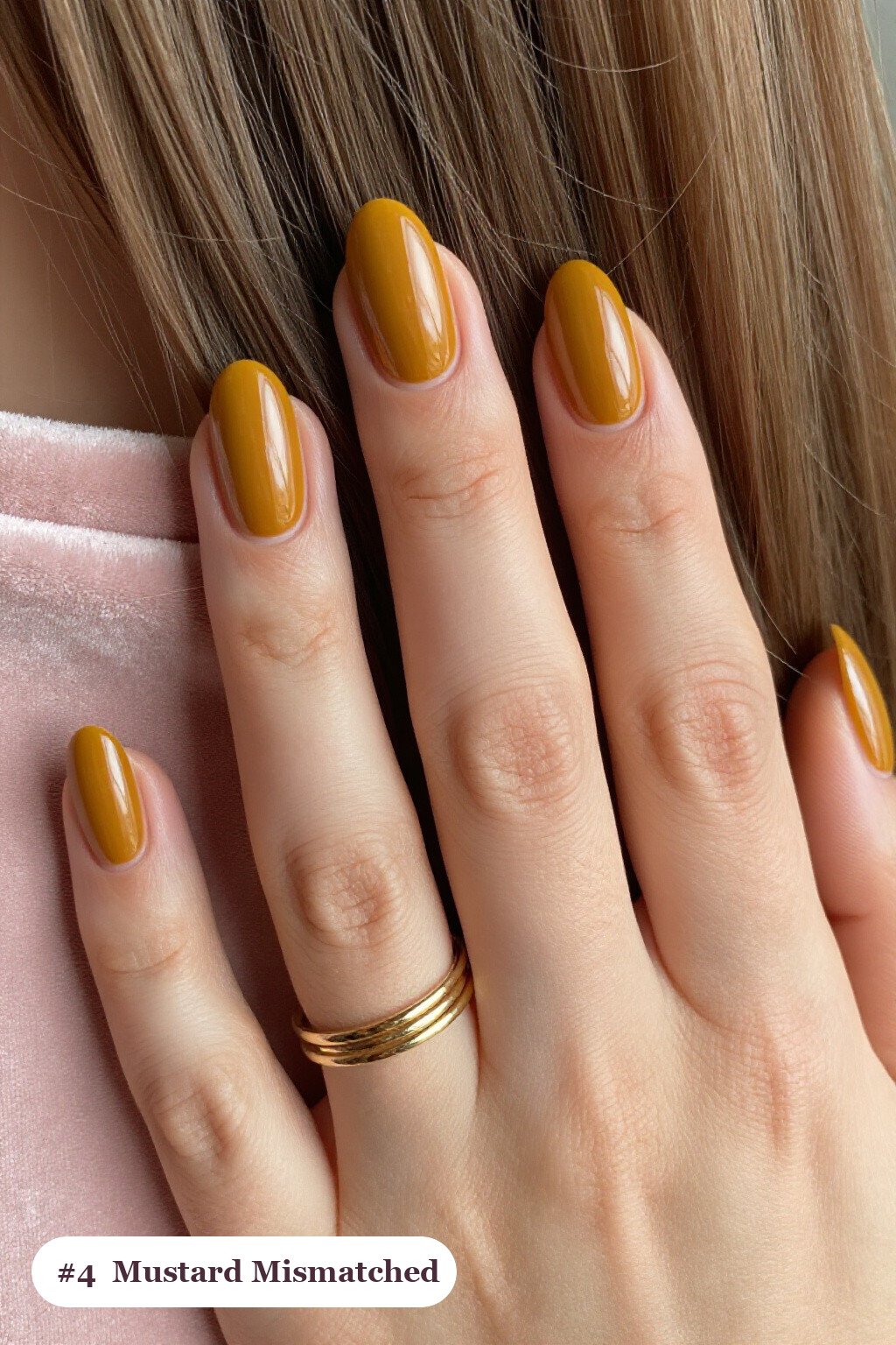 Medium coffin mustard nails as a mismatched set where every nail has a different pattern in the same colour story, perfect for fall - fall nails cute