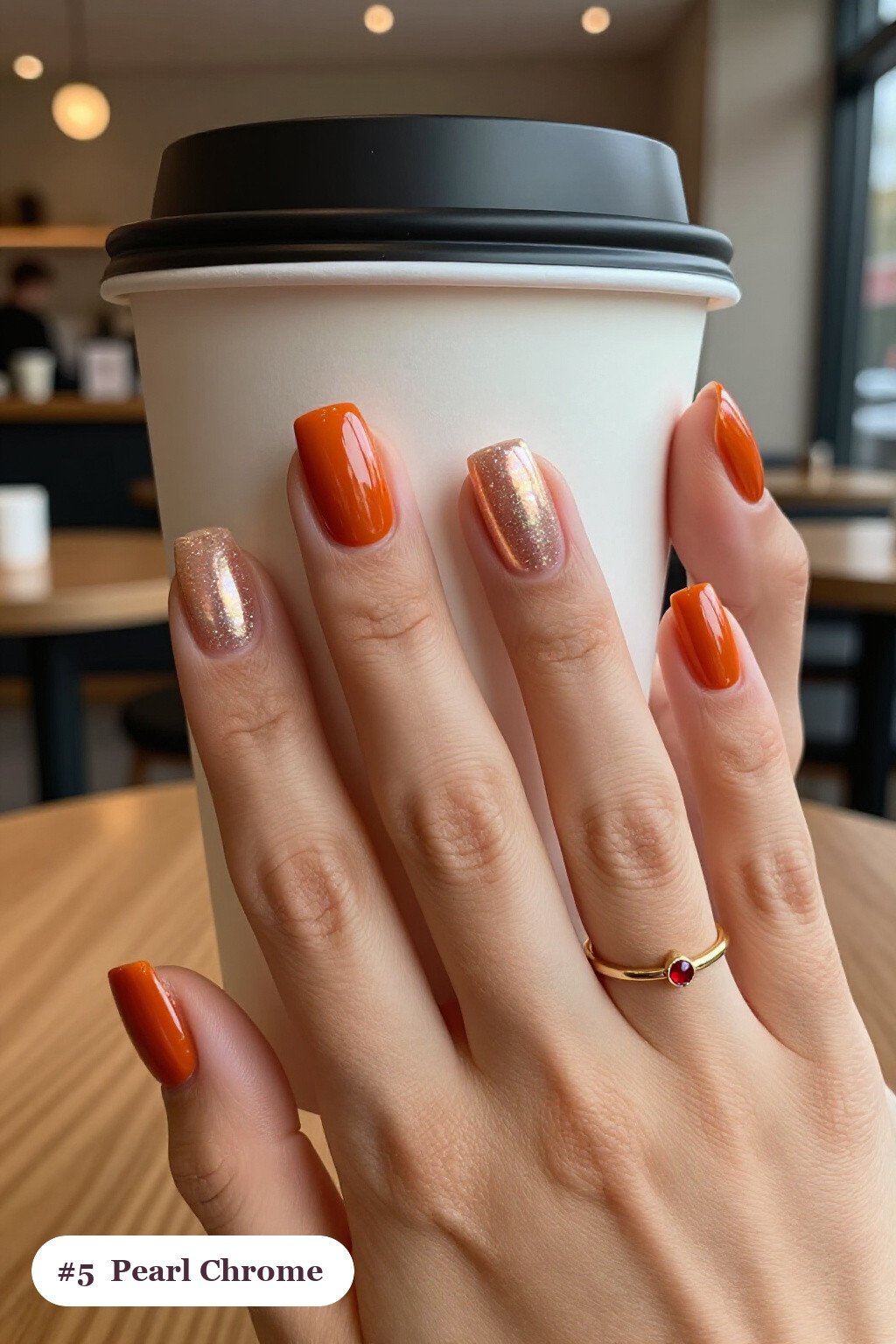 Medium square burnt orange nails with glazed pearl chrome over the colour for an iridescent sheen, perfect for fall - fall nails cute
