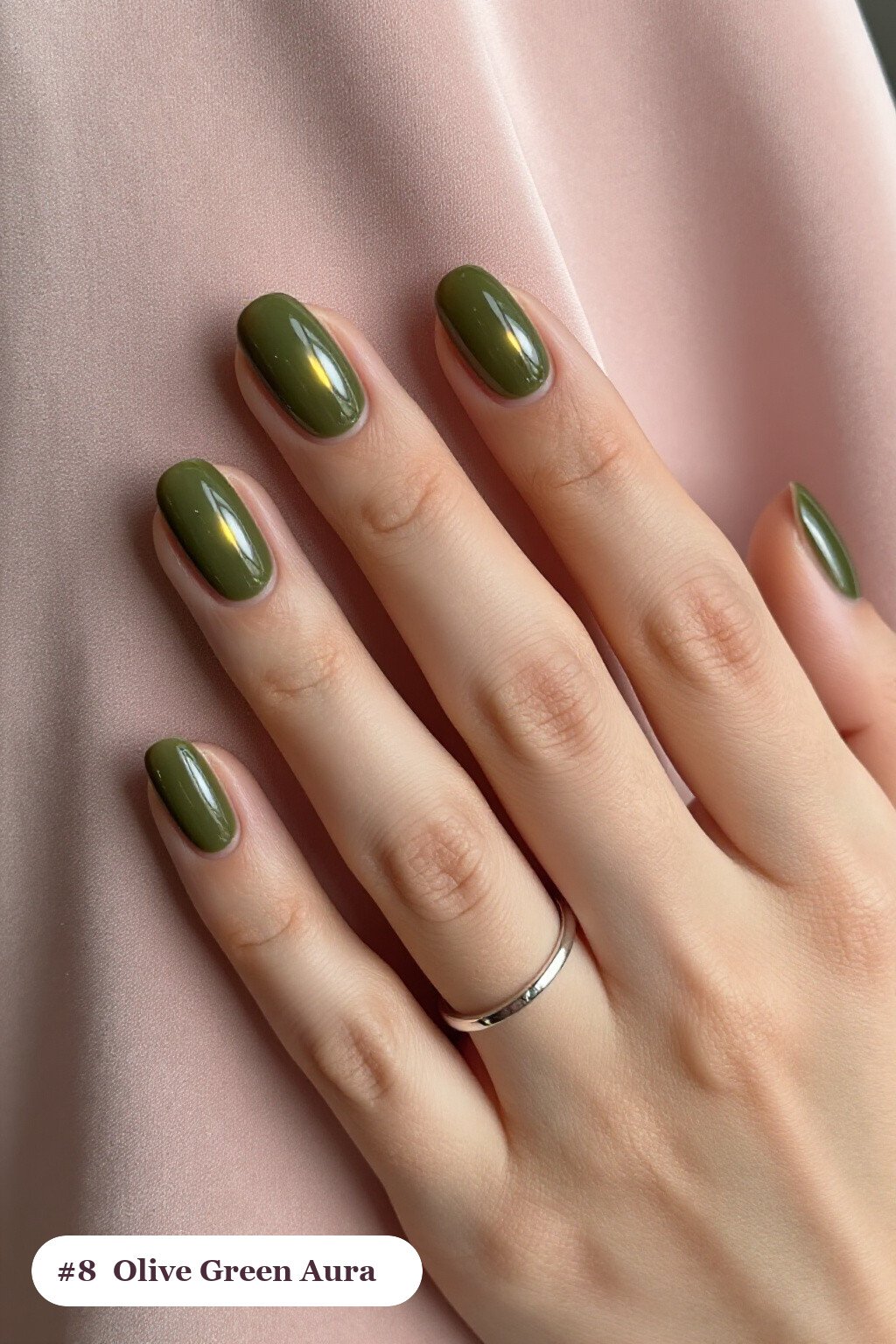Medium oval olive green nails with a glowing airbrushed aura in the centre of each nail, perfect for fall - fall nails cute