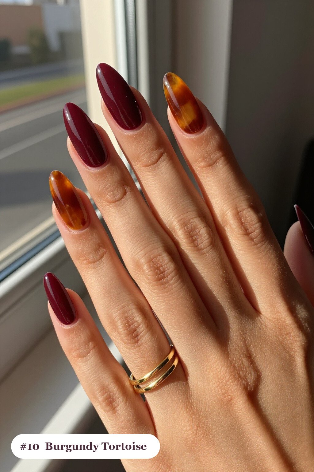 Long Almond Burgundy Nails with Amber Tortoiseshell Accents – Spooky Sophistication - fall nails halloween