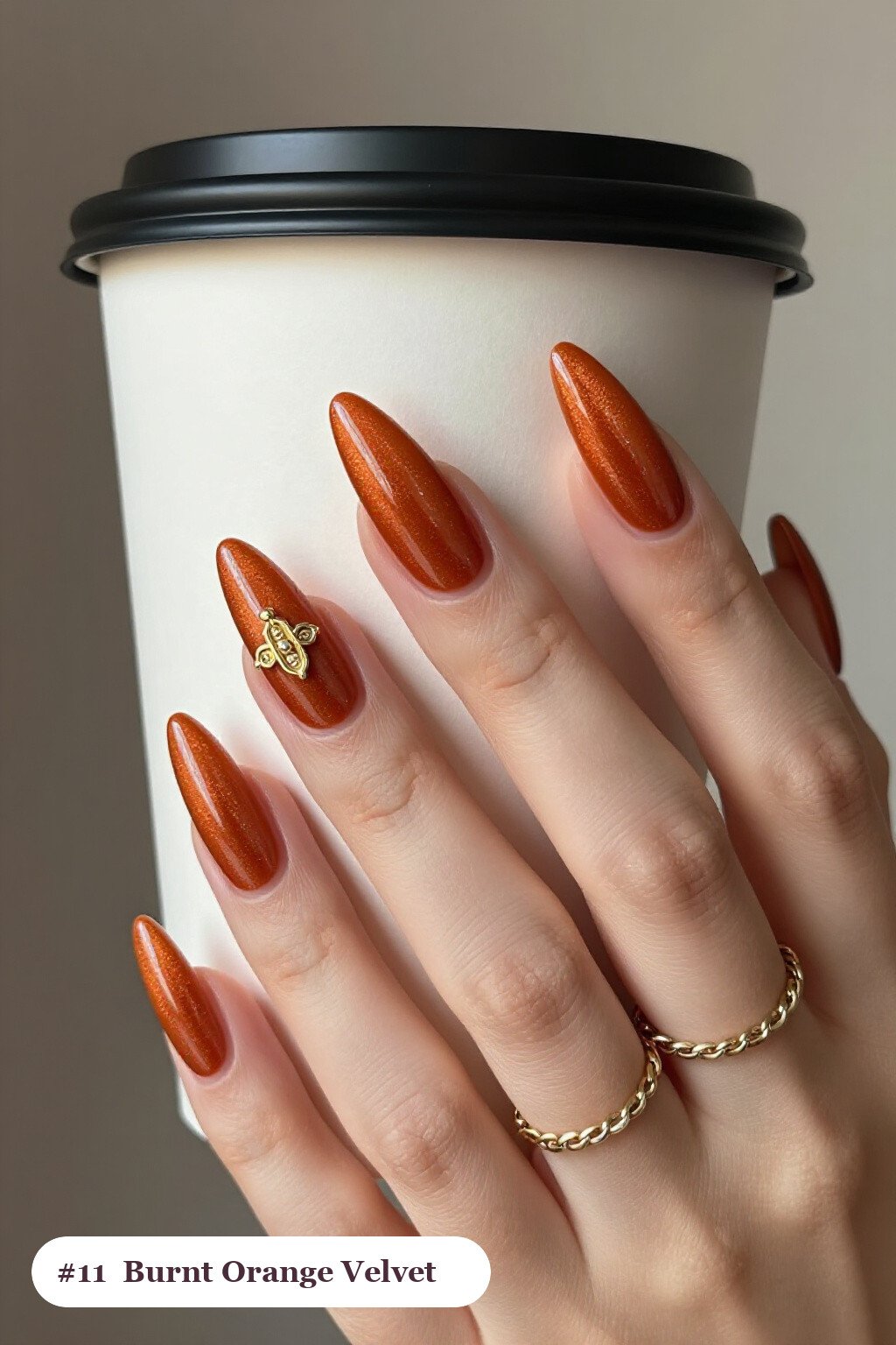 Long Stiletto Burnt Orange Velvet Shimmer Nails with Gold Charm Accent - fall nails halloween