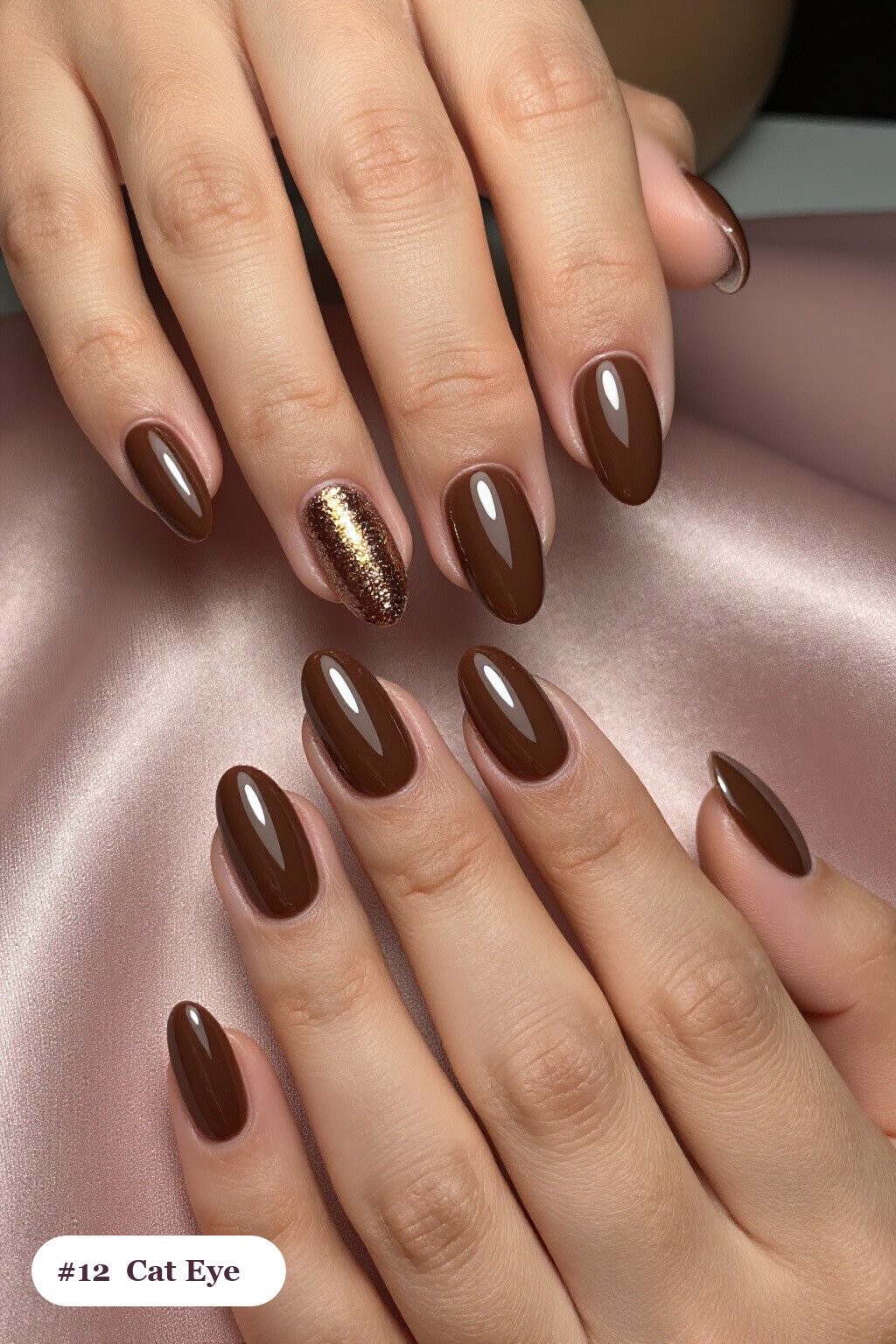 Medium Almond Chocolate Brown Gem‑Light Shimmer Band Nails – Midnight Glow - fall nails halloween