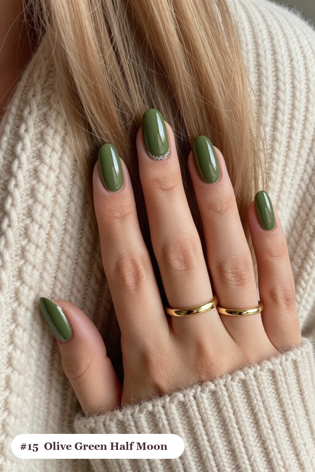 Long Coffin Olive Green Half‑Moon Glitter Crescent Nails – Celestial Autumn - fall nails halloween