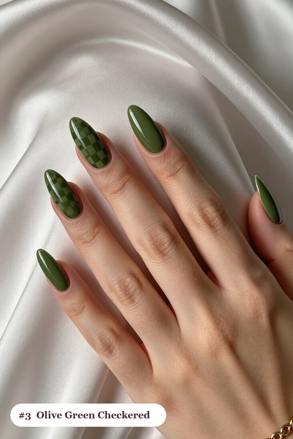 Long Ballerina Olive Green Checkerboard Accent Nails – Fall Nails Halloween Inspiration - fall nails halloween