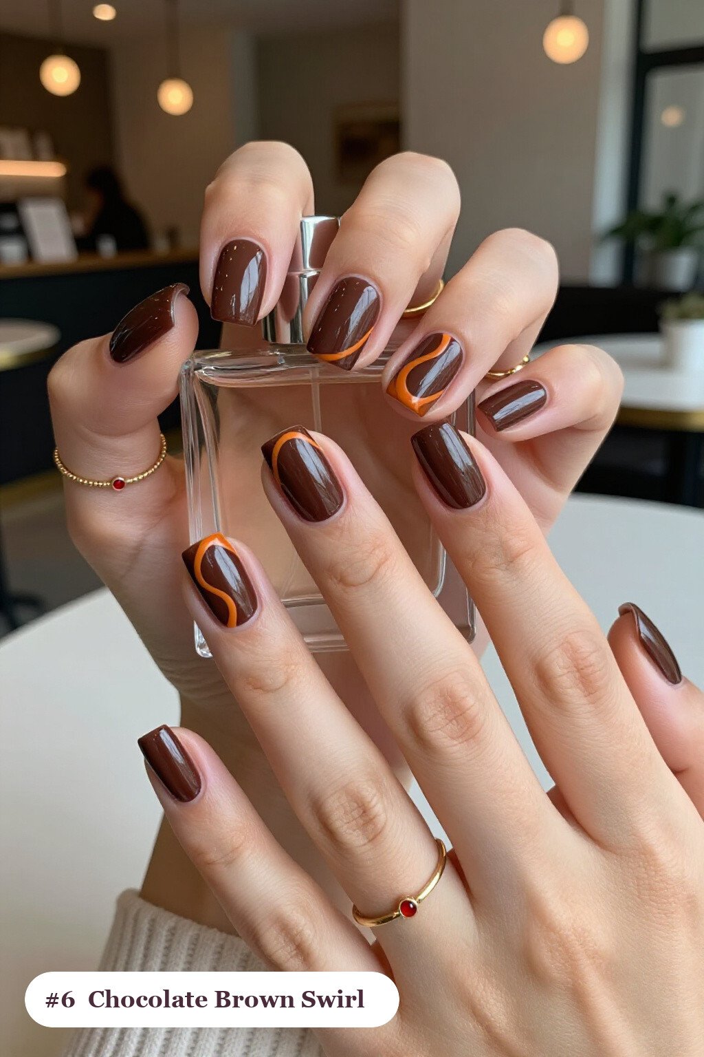 Medium Square Chocolate Brown Swirl‑Line Nails – Autumn Elegance - fall nails halloween
