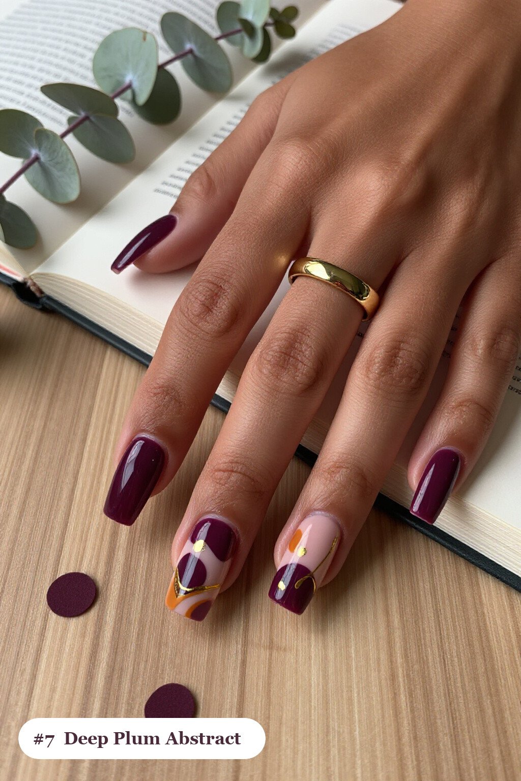 Long Square Deep Plum Abstract Blob Nails with Gold Outlines - fall nails halloween
