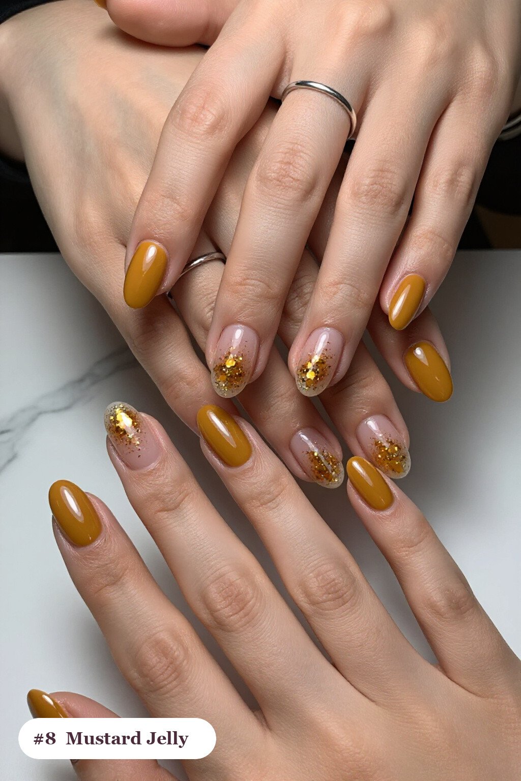 Medium Oval Mustard Jelly Nails with Encapsulated Glitter: How to Make Them Last Longer - fall nails halloween