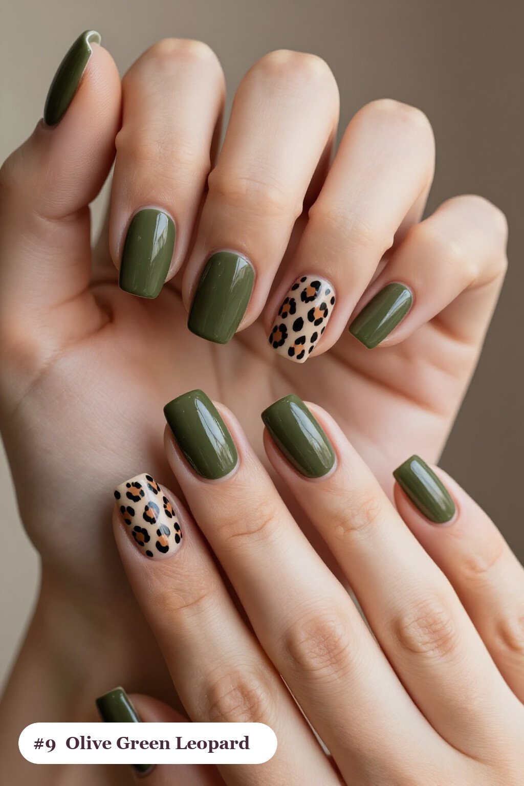 Short Square Olive Green Leopard Print Nails: On Short Nails - fall nails halloween