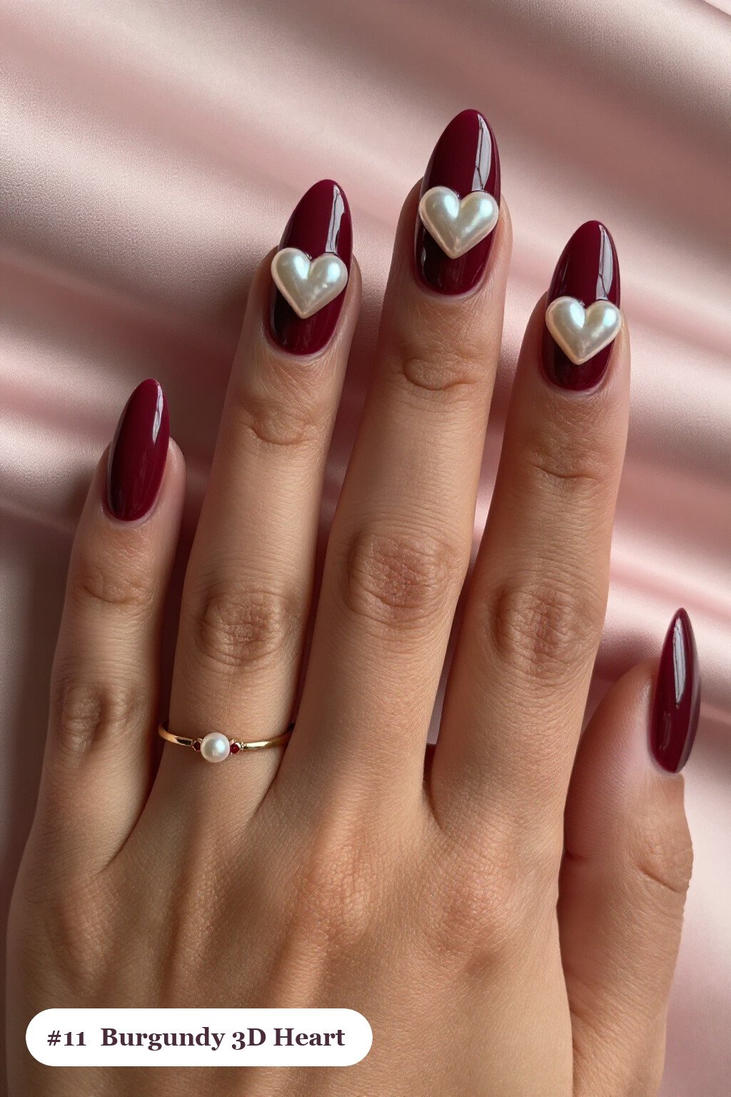 Long Coffin Burgundy Nails Adorned with 3D Gel Hearts and Pearls - fall nails ideas autumn