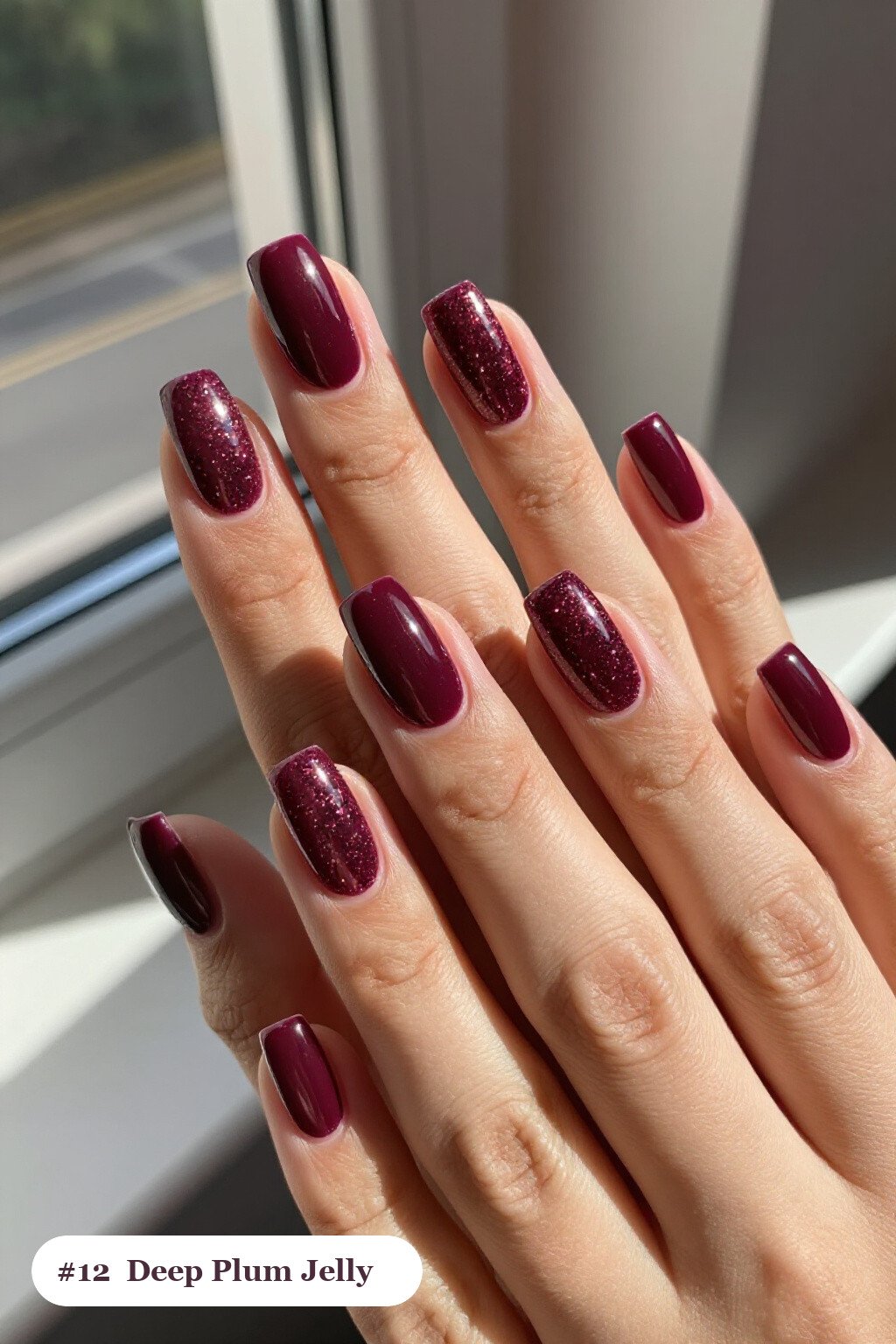 Medium Square Deep Plum Jelly Nails with Encapsulated Glitter - fall nails ideas autumn