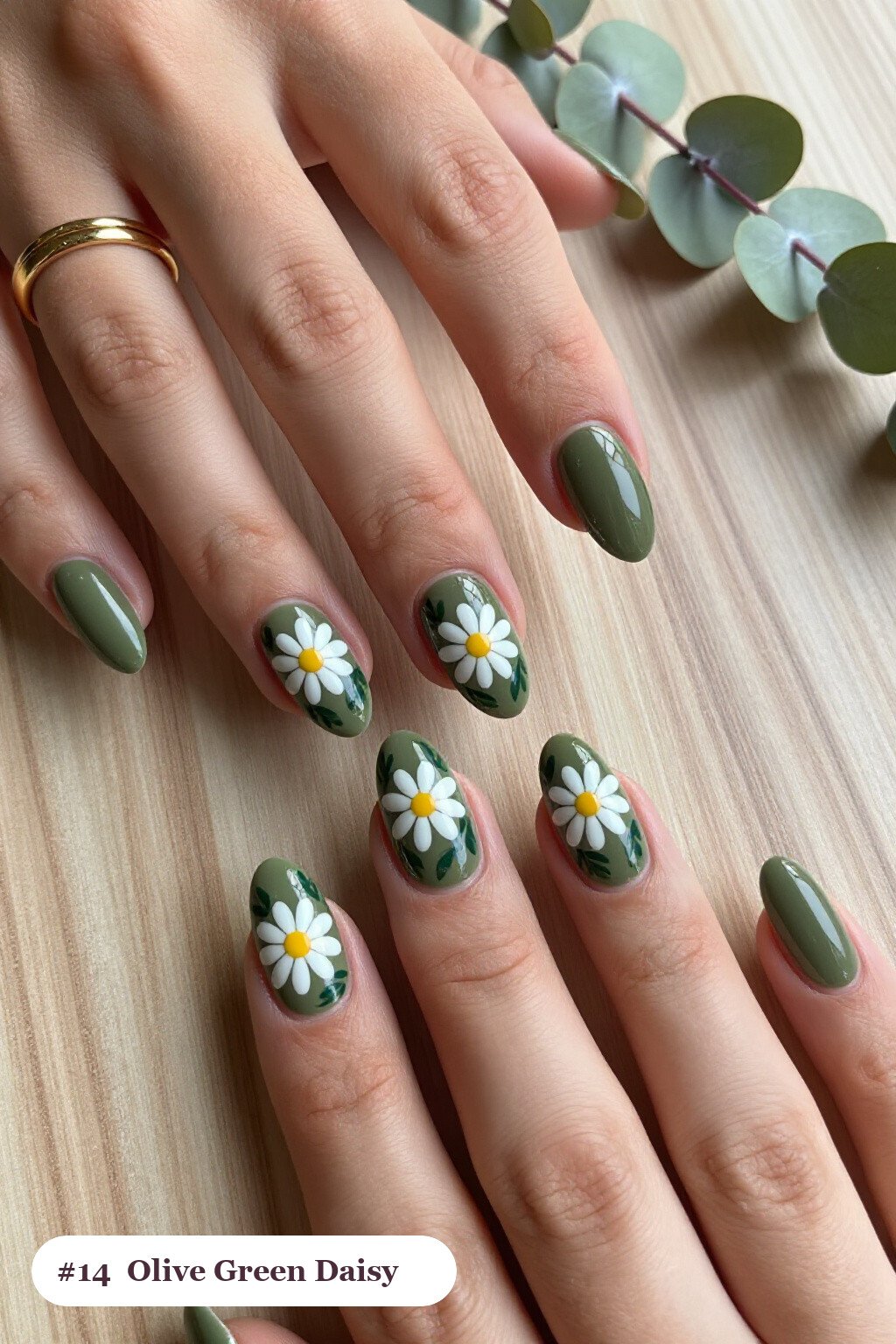 Medium Almond Olive Green Nails Hand‑Painted with Daisies and Leaves - fall nails ideas autumn