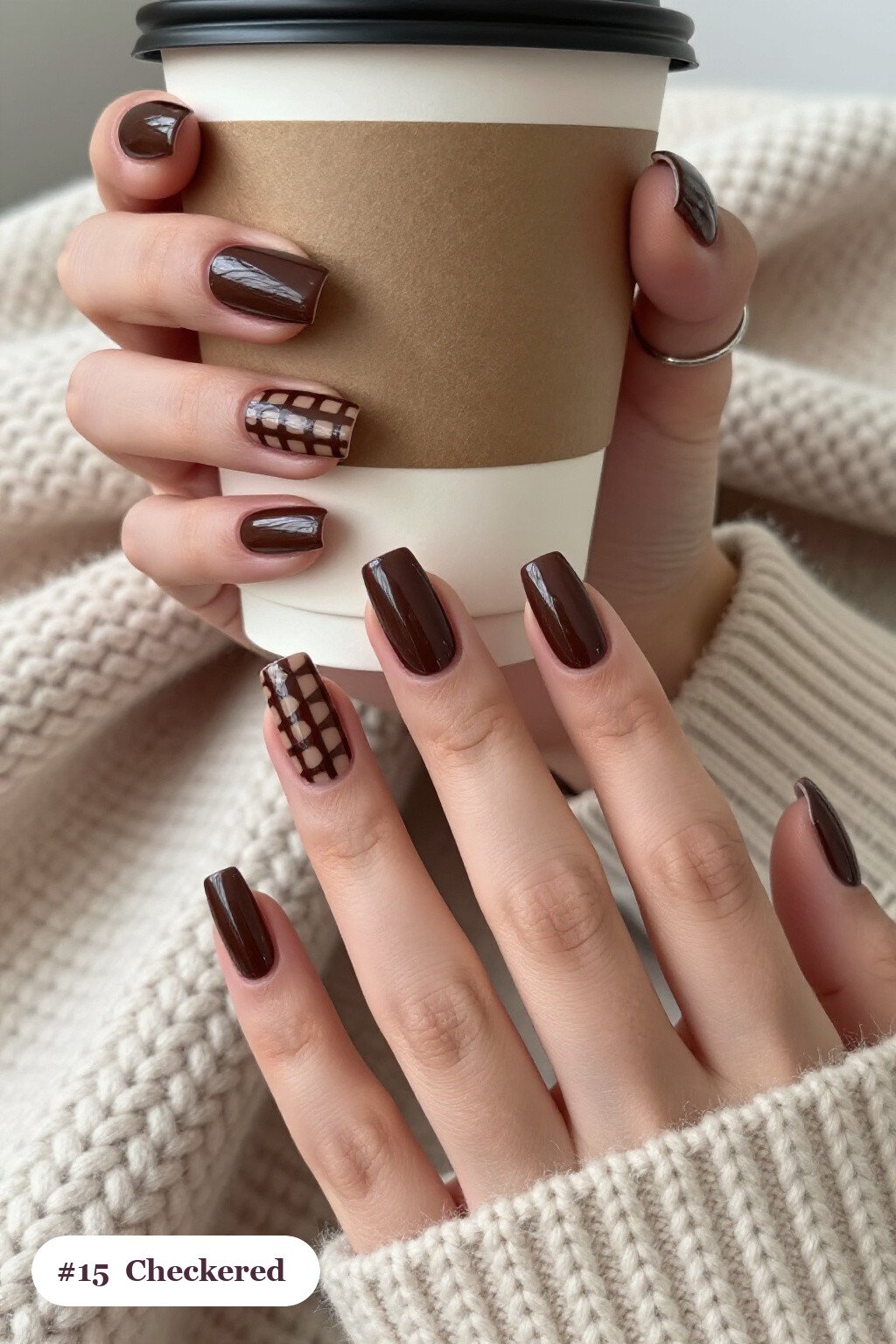Long Square Chocolate Brown Nails Featuring Bold Checkerboard Accents - fall nails ideas autumn