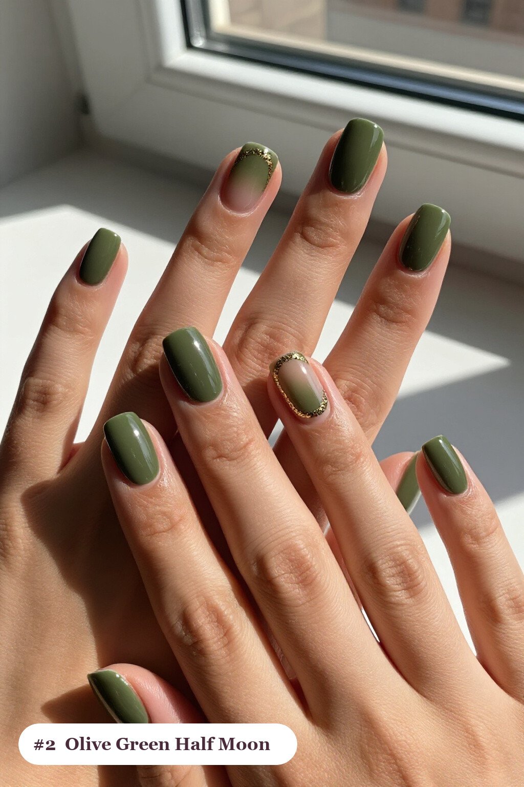 Medium Square Olive Green Half‑Moon Nails with Glitter Crescent - fall nails ideas autumn